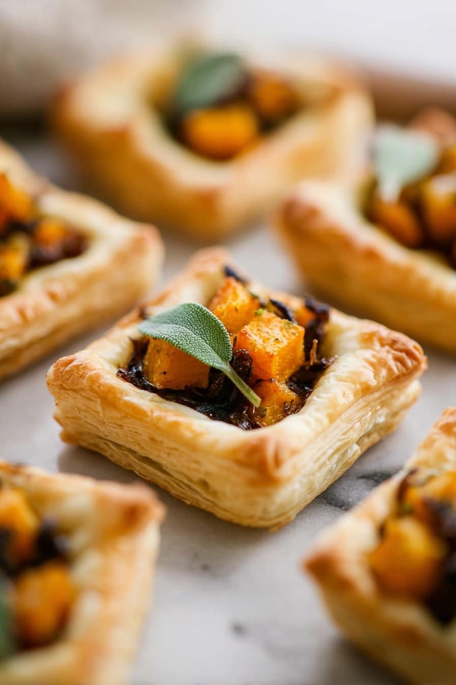 The image shows several small square puff pastry tarts arranged closely together on a white marbled surface. Each tart has a golden-brown, flaky crust with raised edges forming a well in the center. Inside the well, there are small, bright orange cubes of roasted squash layered on top of dark caramelized onions. A small sprig of green herb, possibly sage, rests on top of each tart, adding a fresh touch. The tarts have a soft, layered texture that contrasts with the crisp crusts. The focus is on the front tart, with the others softly blurred in the background. Photo taken with an iphone --ar 2:3 --v 7 - Mini Butternut Squash Tarts, butternut squash appetizer, savory mini tarts, easy appetizer recipes, fall appetizer ideas