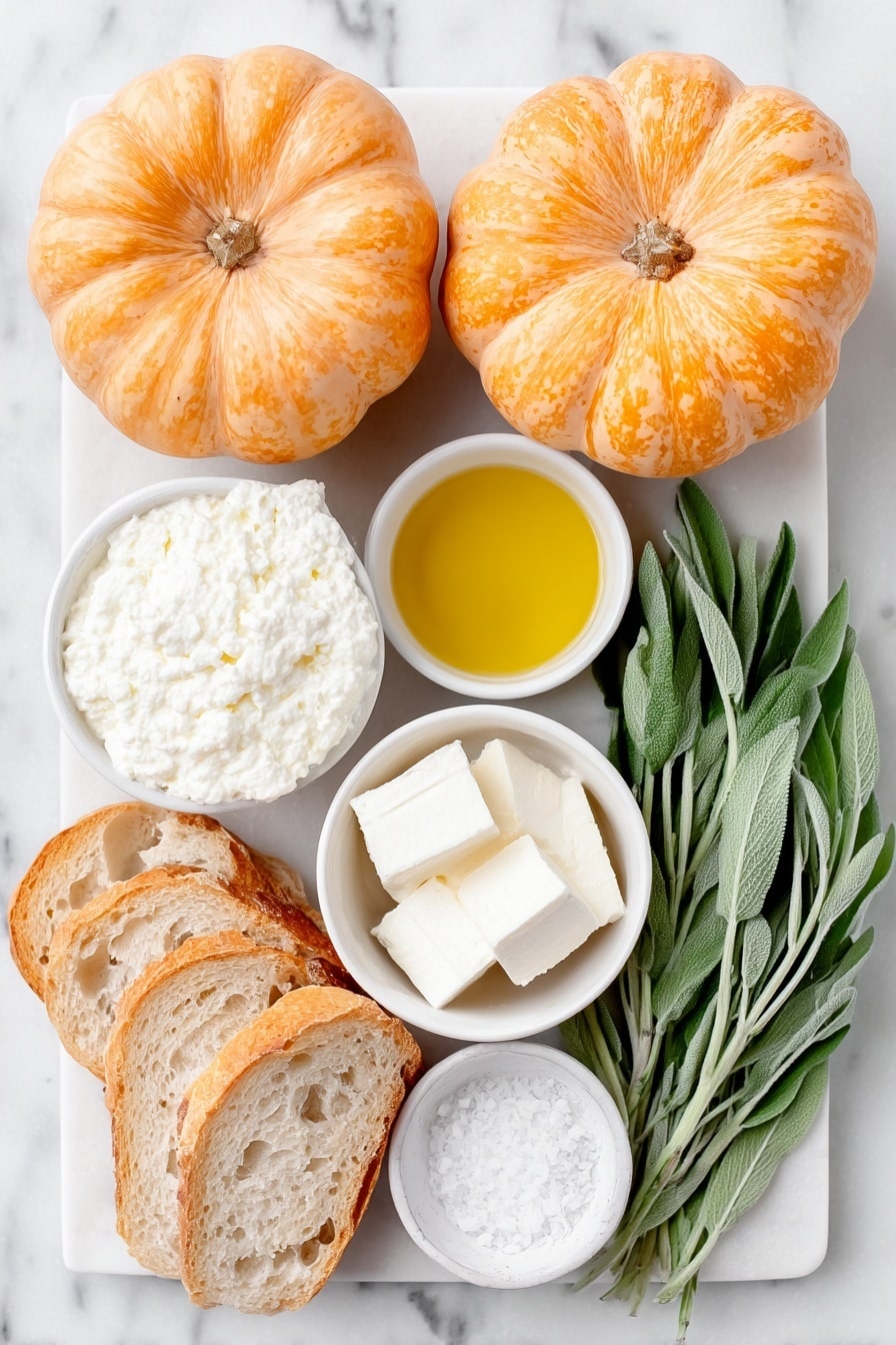Flat lay of two small whole honeynut squashes, a small pile of peeled 1/2 inch honeynut squash cubes on a simple white ceramic plate, a small white ceramic bowl of whole milk ricotta cheese, a small white ceramic bowl with heavy cream, a small white ceramic bowl filled with golden olive oil, two bunches of fresh green sage leaves spread neatly, a white ceramic plate with several slices of fresh baguette, a small white ceramic bowl of flaky Maldon salt flakes, placed on a clean white marble surface, soft natural light, photo taken with an iPhone, professional food photography style, fresh ingredients, white ceramic bowls, no bottles, no duplicates, no utensils, no packaging --ar 2:3 --v 7 --p m7354615311229779997 - Roasted Honeynut Squash Crostini with Ricotta, Honeynut Squash Crostini, Easy Fall Appetizer, Gourmet Crostini Recipes, Seasonal Squash Appetizer
