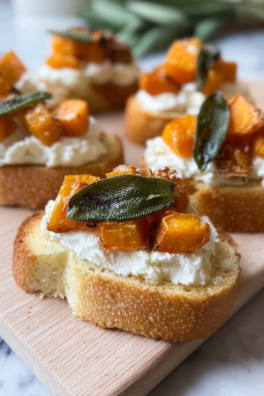 Six small pieces of toasted bread are placed on a light wooden board. Each bread has three layers: first, a smooth layer of white spread; second, several small orange roasted cubes; and third, two or three dark green leaves that look fresh and soft. The bread pieces are arranged in two rows of three. The board sits on a round placemat with a gold patterned texture. Around the edges of the board, fresh green leafy stems are placed to decorate. All this is set on a white marbled surface. Photo taken with an iphone --ar 2:3 --v 7 - Roasted Honeynut Squash Crostini with Ricotta, Honeynut Squash Crostini, Easy Fall Appetizer, Gourmet Crostini Recipes, Seasonal Squash Appetizer