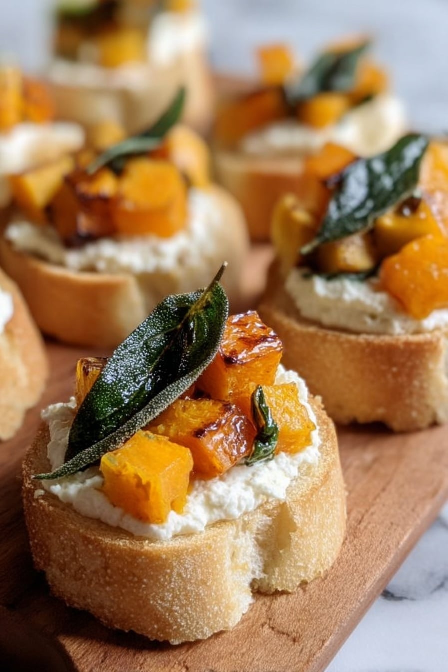 The image shows several small round toasts with three layers. The bottom layer is light tan toasted bread with a crisp texture. The middle layer is creamy white cheese, spread evenly and thick on each toast. The top layer has small bright orange cubes of roasted pumpkin and a dark green crispy leaf placed on each toast. The toasts are on a wooden board, and the background is a white marbled surface. photo taken with an iphone --ar 2:3 --v 7 - Roasted Honeynut Squash Crostini with Ricotta, Honeynut Squash Crostini, Easy Fall Appetizer, Gourmet Crostini Recipes, Seasonal Squash Appetizer