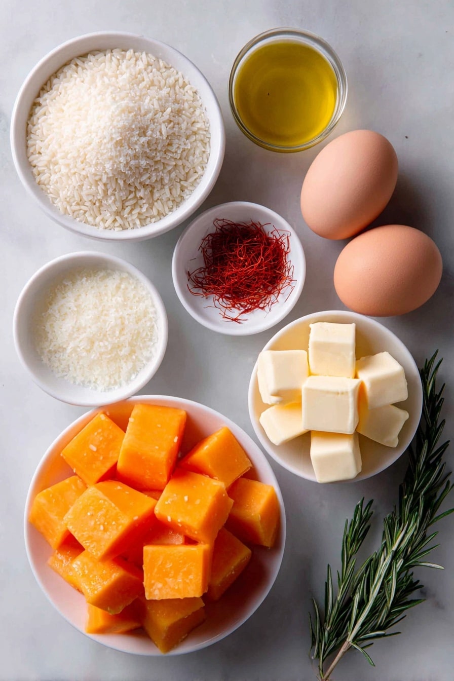 Flat lay of bright orange butternut squash cubes neatly arranged, a small white bowl of golden extra virgin olive oil, two whole brown eggs with clean shells, a simple white bowl filled with tiny red saffron threads, a mound of pale ivory Arborio rice, a small white bowl with minced sweet onion, two garlic cloves with their papery skins, a small white bowl of freshly grated parmesan cheese, a sprig of fresh green rosemary, a small white bowl holding rich yellow butter cubes, all symmetrically spaced on a clean white marble surface, soft natural light, photo taken with an iPhone, professional food photography style, fresh ingredients, white ceramic bowls, no bottles, no duplicates, no utensils, no packaging --ar 2:3 --v 7 --p m7354615311229779997 - Butternut Squash Risotto with Saffron, butternut squash risotto, saffron risotto recipe, creamy squash risotto, easy vegetarian risotto