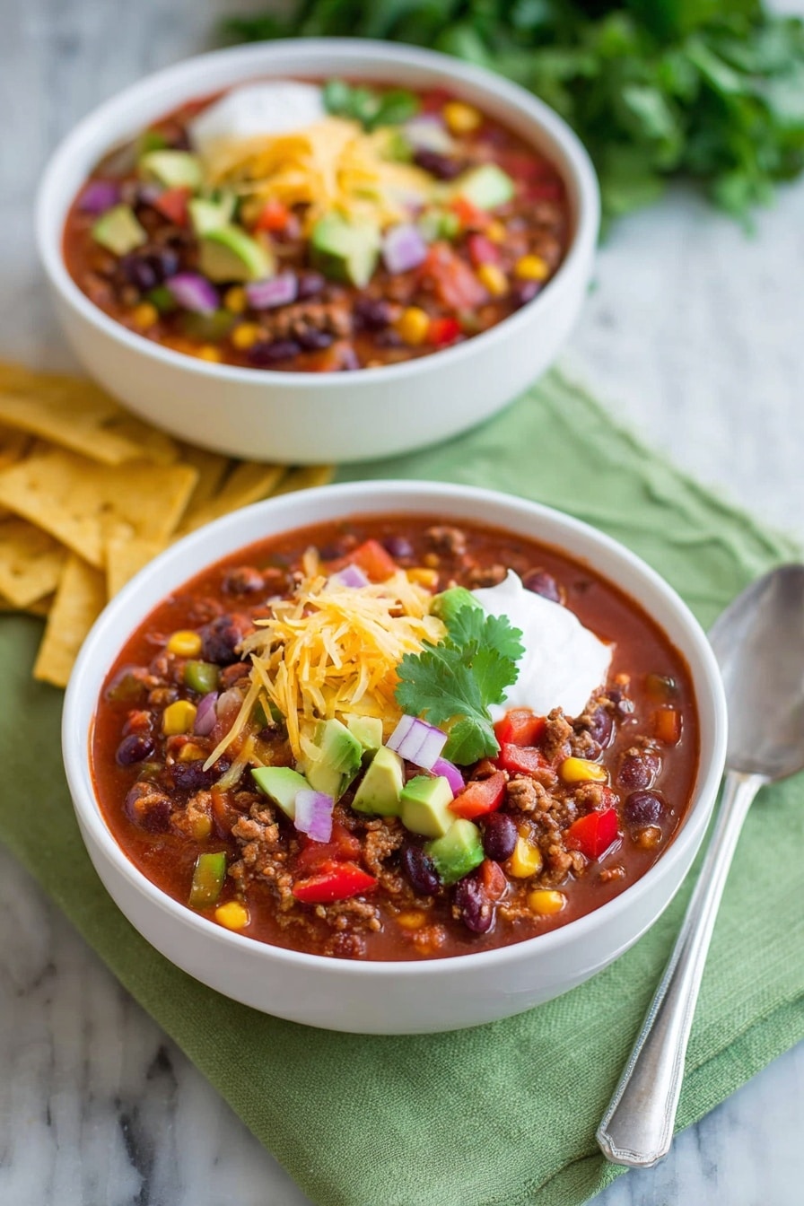 Two white bowls of chili sit on a white marbled surface layered over a green cloth. The front bowl is filled with a thick red chili base that holds visible chunks of brown ground meat, red and black beans, yellow corn, and diced red and green peppers. On top, there is a layer of shredded yellow and white cheese, a dollop of white sour cream, and a small green cilantro leaf. Beside this bowl are thin yellow tortilla strips laying flat. Behind it, the second white bowl contains more chili with a mixture of similar colorful ingredients including corn, beans, diced avocado, and red onions. To the right on the white marbled surface, a silver spoon is placed next to the front bowl, and a bunch of green cilantro leaves lies near the second bowl. photo taken with an iphone --ar 2:3 --v 7 - Hearty Taco Soup with Ground Beef, Taco Soup recipe, Ground Beef Soup, Quick Taco Soup, Delicious Taco Soup