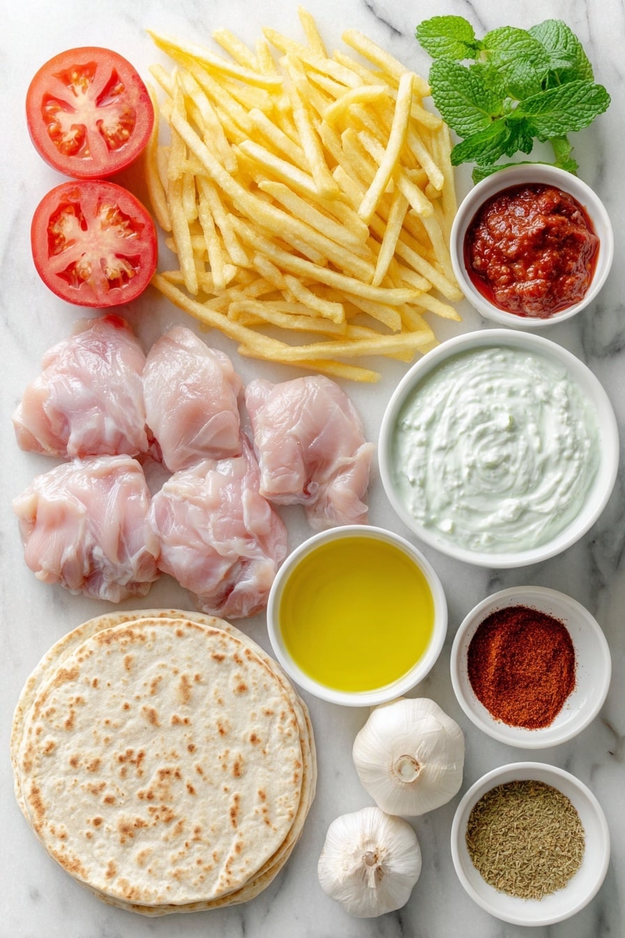 Flat lay of frozen French fries piled loosely, two ripe red tomatoes sliced into rounds, one whole red onion thinly sliced into delicate rings, a small handful of fresh bright green mint leaves, four soft Lebanese flatbreads stacked neatly, a small white ceramic bowl filled with creamy white Greek yoghurt, a small white ceramic bowl with smooth pale garlic dip, raw boneless, skinless chicken thighs arranged evenly, a small white ceramic bowl containing deep red tomato paste, a small white ceramic bowl with freshly squeezed lemon juice, a few cloves of whole fresh garlic, a small white ceramic bowl with golden olive oil, a small white ceramic bowl with ground cumin powder, a small white ceramic bowl with ground cardamom powder, a small white ceramic bowl with sweet paprika powder, a small white ceramic bowl with smoked paprika powder, a small white ceramic bowl holding coarse sea salt flakes, a small white ceramic bowl with freshly cracked black pepper, all ingredients spaced evenly and symmetrically, placed on a clean white marble surface, soft natural light, photo taken with an iPhone, professional food photography style, fresh ingredients, white ceramic bowls, no bottles, no duplicates, no utensils, no packaging --ar 2:3 --v 7 --p m7354615311229779997 - Chicken Shawarma Wraps with Garlic Yoghurt Sauce, shawarma wraps, homemade chicken shawarma, garlic yoghurt sauce recipe, quick dinner ideas