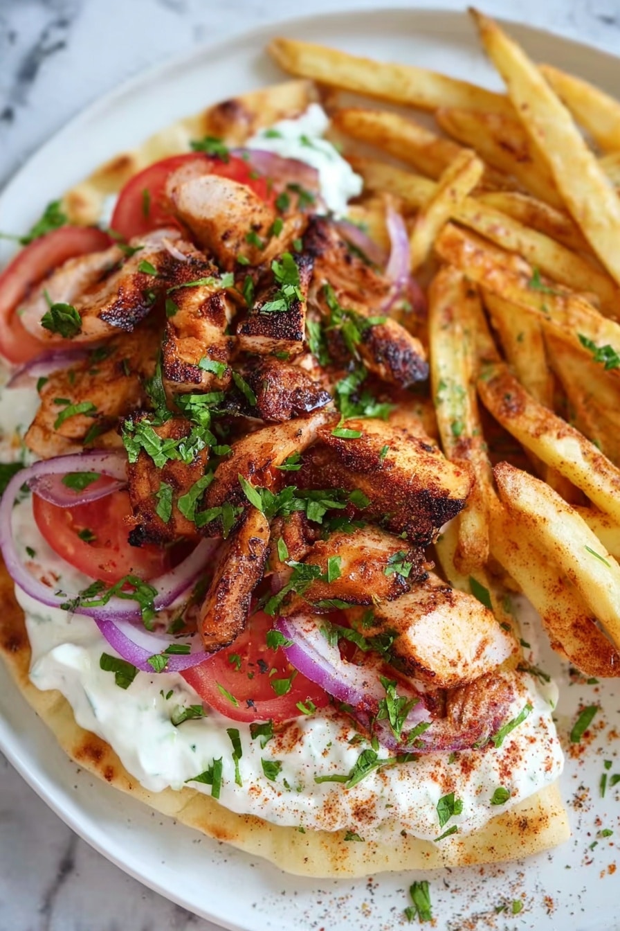 The image shows a white plate with a thick base of flatbread topped with a layer of creamy white sauce. On top of the sauce, there are slices of red tomato and thin rings of purple onion. Grilled pieces of brown, slightly charred chicken are arranged on top of the veggies, sprinkled with chopped green herbs. Thick, golden fries seasoned with a dark powder lean on the chicken. The plate is placed on a white marbled surface, and the food looks fresh and colorful. photo taken with an iphone --ar 2:3 --v 7 - Chicken Shawarma Wraps with Garlic Yoghurt Sauce, shawarma wraps, homemade chicken shawarma, garlic yoghurt sauce recipe, quick dinner ideas