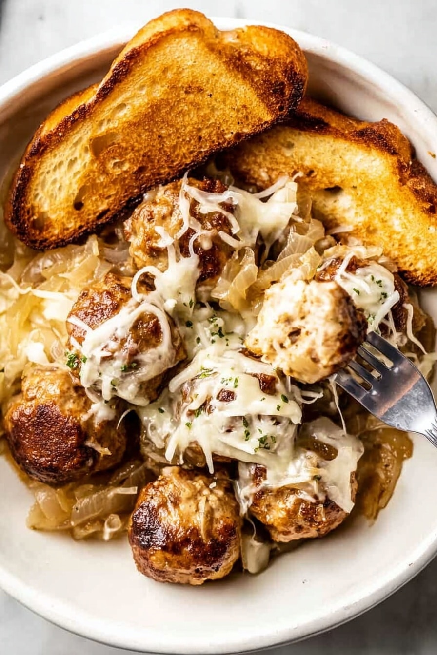 The dish shows a silver skillet filled with multiple brown meatballs, evenly spread across the pan. Between and on top of the meatballs is melted white cheese with a slightly glossy and stretchy texture. Small pieces of fresh green herbs are sprinkled over the cheese and meatballs, adding a touch of color. The sauce beneath is dark brown and rich, partially visible around the meatballs and cheese. The surface under the skillet is a white marbled texture photo taken with an iphone --ar 2:3 --v 7 - Slow Cooker French Onion Meatballs, French Onion Soup Meatballs, Easy Slow Cooker Appetizer, Cheesy Meatball Recipe, Comfort Food Dinner