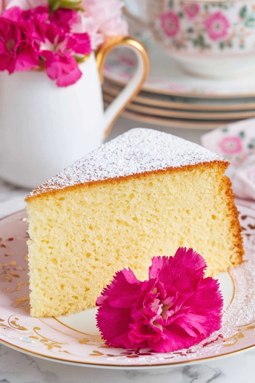 A single slice of soft yellow sponge cake with a light, fluffy texture and small air holes fills the center of a white plate with gold trim. The cake has a thin top layer dusted with white powdered sugar and a slightly darker, golden-brown crust around the edges. Next to the cake slice on the plate is a bright pink carnation flower with ruffled petals. In the background, there is a white teapot with a gold handle and pink flowers inside, along with a stack of white plates with gold rims, placed on a white marbled surface. photo taken with an iphone --ar 2:3 --v 7 - French Butter Cake, easy French butter cake, moist buttery cake, simple French cake, classic French dessert