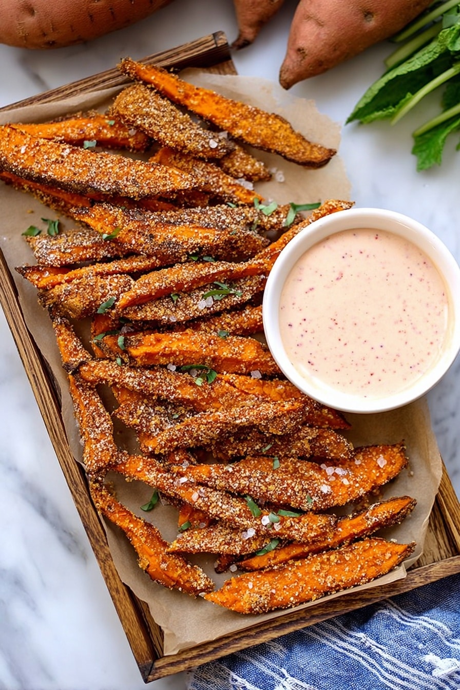 The image shows a wooden tray lined with light brown parchment paper holding two layers of crispy sweet potato fries. The fries have a crunchy, seasoned coating in shades of orange and brown, sprinkled with coarse salt and small green herbs. On the right side of the tray, there is a small white bowl filled with a creamy, light pink dipping sauce that has small visible specks in it. The tray is set on a white marbled surface with some whole sweet potatoes and green leafy stems in the background. A blue and white striped cloth is partially seen beneath the tray. photo taken with an iphone --ar 2:3 --v 7 - Garlic Parmesan Sweet Potato Wedges, crispy sweet potato fries, baked sweet potato wedges, garlic Parmesan side dish, healthy vegetable side