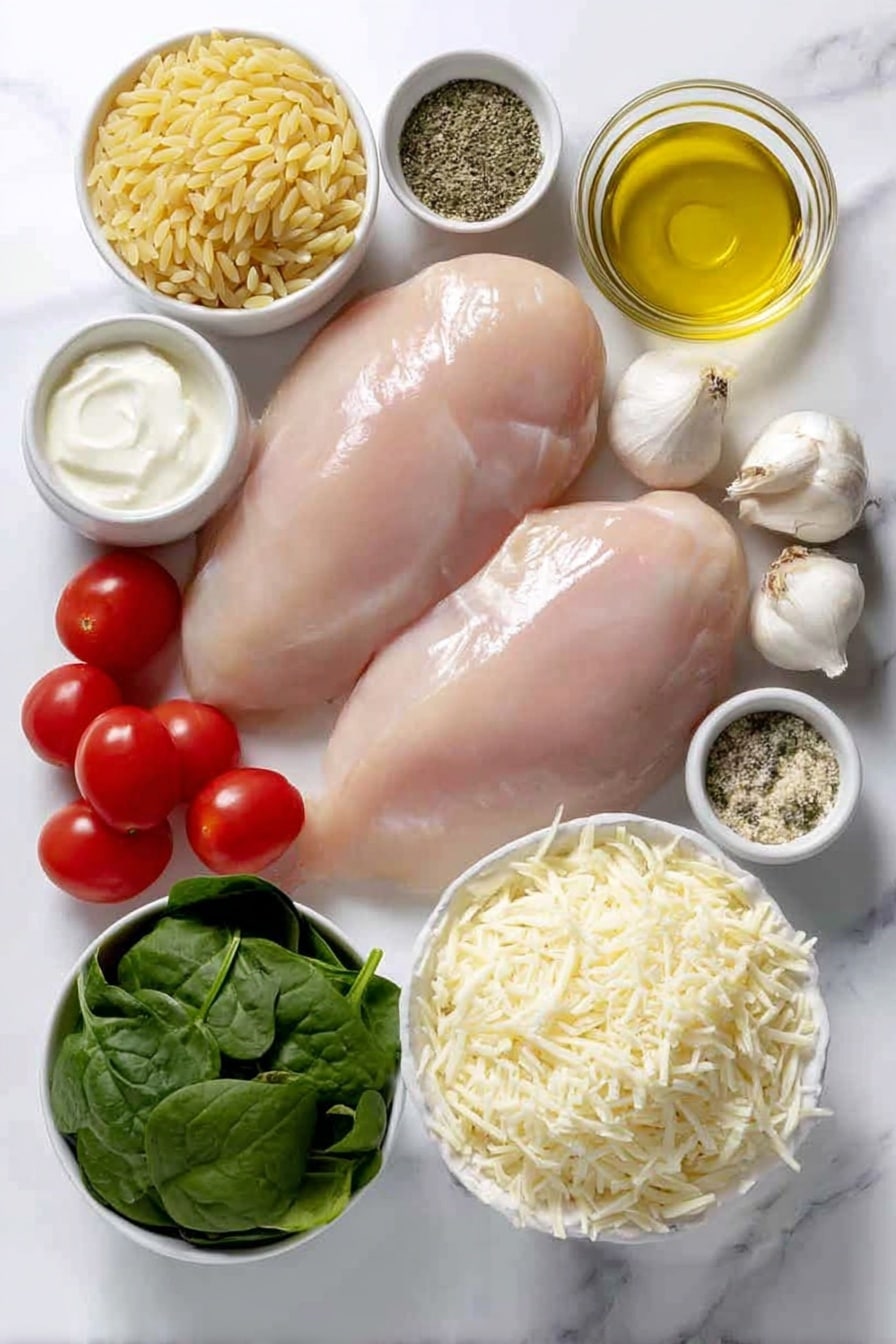 Flat lay of two large raw chicken breasts with smooth pale pink skin, a small white bowl of golden olive oil, a small white bowl of clear low sodium chicken stock, a small white bowl of thick heavy whipping cream, a mound of uncooked orzo pasta with its tiny rice-shaped grains, a loose pile of vibrant green baby spinach leaves, a handful of glossy red cherry tomatoes, a small white bowl filled with shredded white mozzarella cheese, a small white bowl containing freshly grated pale yellow parmesan cheese, five whole uncracked medium garlic cloves with smooth white skins, a small white bowl of freshly squeezed lemon juice, a small white bowl of fine white sea salt, a small white bowl of freshly cracked black peppercorns, and a sprinkle of dried oregano herb flakes, all arranged symmetrically on a clean white marble surface, soft natural light, photo taken with an iPhone, professional food photography style, fresh ingredients, white ceramic bowls, no bottles, no duplicates, no utensils, no packaging --ar 2:3 --v 7 --p m7354615311229779997 - Creamy Chicken Orzo Bake, Creamy Chicken Orzo, Chicken Orzo casserole, baked chicken and orzo, easy creamy chicken bake