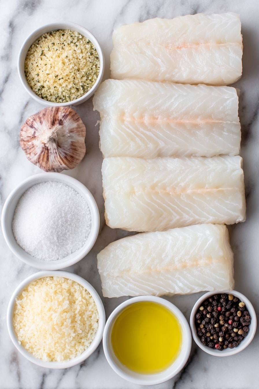 Flat lay of six fresh cod fillets with clean white flesh, two whole uncracked brown garlic cloves, a small white ceramic bowl of seasoned golden breadcrumbs, a small white bowl with melted golden butter, a small white bowl of pale creamy whipping cream, a small white bowl of fresh white milk, a small white bowl of finely grated pale yellow Parmesan cheese, a small white bowl of pure white cornstarch, a small white bowl of coarse kosher salt flakes, a small white bowl of whole black peppercorns, all arranged in perfect symmetry and balanced proportions, placed on a clean white marble surface, soft natural light, photo taken with an iPhone, professional food photography style, fresh ingredients, white ceramic bowls, no bottles, no duplicates, no utensils, no packaging --ar 2:3 --v 7 --p m7354615311229779997 - Creamy Baked Cod with Garlic and Parmesan, baked cod with garlic and Parmesan, easy creamy baked fish, flaky baked cod recipe, healthy seafood dinner