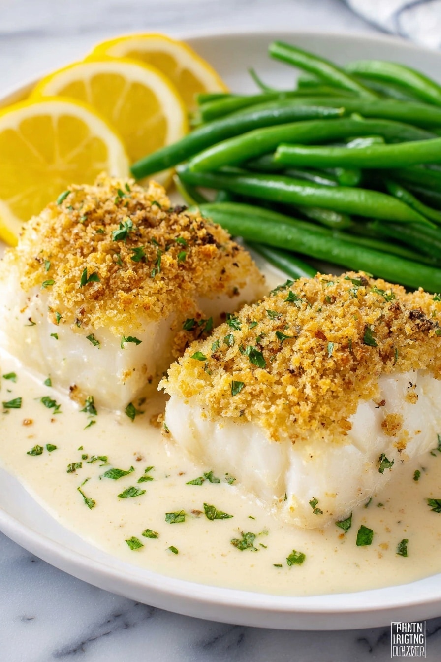 Two thick pieces of white fish with a golden brown crumb topping sit side by side on a white plate. They are covered in a light creamy sauce sprinkled with small green herb bits. Behind the fish, there is a pile of bright green cooked green beans. On the side of the plate, there are two thin lemon slices adding a pop of yellow color. The plate rests on a white marbled surface. photo taken with an iphone --ar 2:3 --v 7 - Creamy Baked Cod with Garlic and Parmesan, baked cod with garlic and Parmesan, easy creamy baked fish, flaky baked cod recipe, healthy seafood dinner