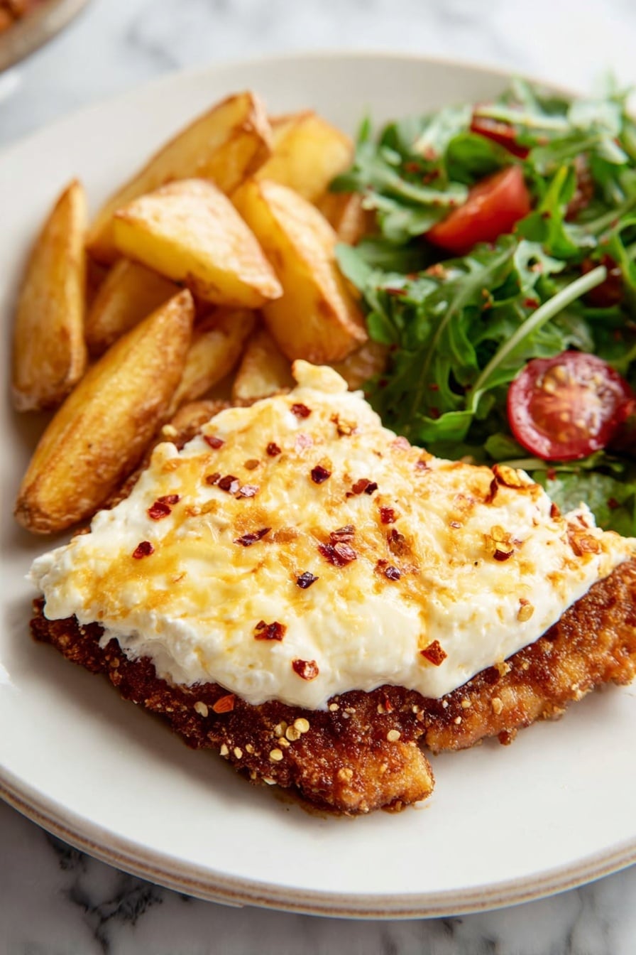 The image shows a white plate with three main layers. The bottom layer is golden-brown fried food with a coarse, crunchy texture that fills the right side of the plate. On top of it is a thick, uneven layer of soft white cheese that looks creamy and slightly melted, with some browned spots on the surface. The cheese layer is sprinkled with small red chili flakes that add a spicy look. To the left of this main stack, there are several thick wedge-shaped potato pieces that are golden and crispy-looking. Next to the potato, some fresh green arugula leaves and small pieces of red tomato add color and freshness to the plate. The plate is placed on a white marbled surface. photo taken with an iphone --ar 2:3 --v 7 - Crispy Chicken with Hot Honey and Feta, Crispy Chicken with Hot Honey and Feta, spicy sweet chicken, easy crispy chicken recipe, gourmet chicken dinner