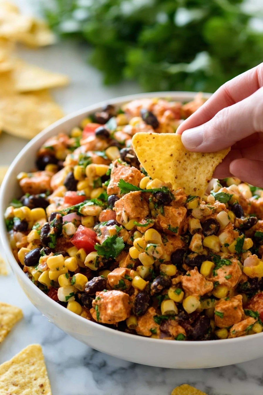 A white bowl is filled with a mixed salad containing small, yellow corn kernels, black beans, orange-colored diced pieces that look like chicken or tofu, and small bits of green herbs scattered on top. There are also small cubes of red tomato or bell pepper mixed in. A woman's hand is holding a pale yellow triangular tortilla chip, scooping some of the salad from the bowl. The background is a white marbled surface, and some green leafy vegetables can be seen blurred in the back along with a few tortilla chips scattered around the bowl. Photo taken with an iphone --ar 2:3 --v 7 - Southwest Chicken Salad with Black Beans, Southwest chicken salad, black beans salad, healthy chicken salad, easy Southwest salad