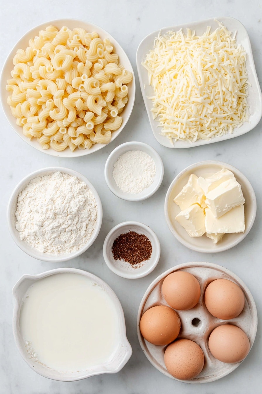 Flat lay of cavatappi pasta in a small white bowl, a pile of shredded mozzarella cheese on a simple white ceramic plate, shredded Colby Jack cheese arranged neatly on a white ceramic dish, sharp cheddar cheese shredded and placed in a small white bowl, a small white bowl filled with thick evaporated milk, a small white bowl holding heavy whipping cream, whole uncracked brown eggs with clean shells arranged symmetrically on a white ceramic plate, a small white bowl containing unsalted butter cubes, a small white bowl of all-purpose flour, tiny white bowls each holding salt, white pepper, garlic powder, and smoked paprika powders, a small white bowl with smooth Dijon mustard, all placed on a clean white marble surface, soft natural light, photo taken with an iPhone, professional food photography style, fresh ingredients, white ceramic bowls, no bottles, no duplicates, no utensils, no packaging --ar 2:3 --v 7 --p m7354615311229779997 - Viral Mac and Cheese, easy mac and cheese, cheesy comfort food, creamy mac and cheese, homemade mac and cheese