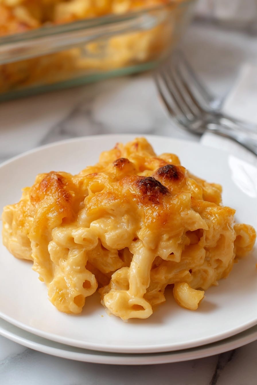 A close-up view of a white plate holding a single serving of baked macaroni and cheese, showing two layers: the bottom layer is creamy, light orange macaroni pasta with a smooth and slightly shiny texture, and the top layer is a golden-brown, slightly crispy baked cheese crust with a few darker toasted spots. The macaroni pieces are clearly visible with their hollow shapes coated in melted cheese. The plate is set on a white marbled surface, with a fork blurred in the background and a glass baking dish partially visible behind the plate. Photo taken with an iphone --ar 2:3 --v 7 - Viral Mac and Cheese, easy mac and cheese, cheesy comfort food, creamy mac and cheese, homemade mac and cheese