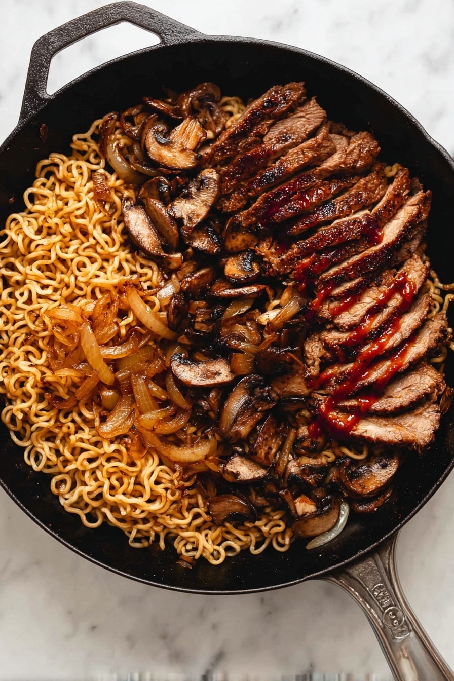 The image shows a black cast iron pan filled with three main layers of food. The bottom layer is a bed of curly cooked noodles with a light brown color, covering most of the pan's base. On one side over the noodles, there are sautéed golden-brown onions with a soft texture. On the other side and slightly mixed with noodles are sliced brown mushrooms. On top of all this, there is a layer of grilled sliced meat, dark brown with a slightly charred texture and a reddish sauce drizzled over it. The pan rests on a white marbled surface. photo taken with an iphone --ar 2:3 --v 7 - Spicy Korean Beef Noodles, Korean Beef Noodles recipe, spicy noodle bowl, Korean beef stir-fry, quick Korean dinner
