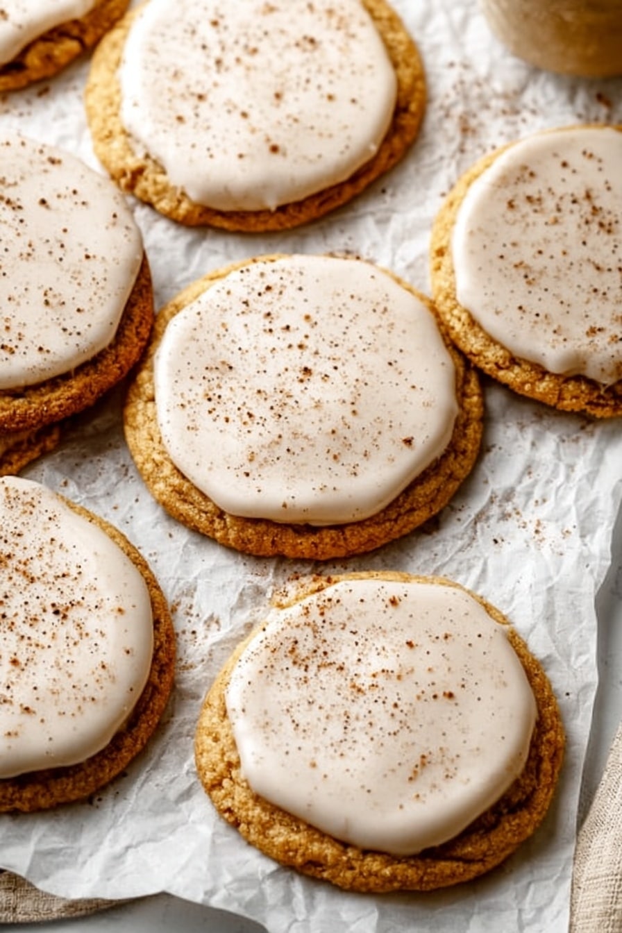 The image shows a group of round cookies arranged close together on crinkled white parchment paper over a white marbled surface. Each cookie has two layers: a golden-brown base with a slightly rough texture and a smooth, light beige icing layer on top that covers most of the cookie but leaves a thin border around the edge. The icing has speckles of brown spice sprinkled evenly over it. The scene is bright with natural light and has a cozy, homemade look. Photo taken with an iphone --ar 2:3 --v 7 - Brown Sugar Cookie Pop-Tarts, Easy homemade Pop-Tarts, Cinnamon-filled cookie pastries, Baking comfort food, Unique breakfast treats