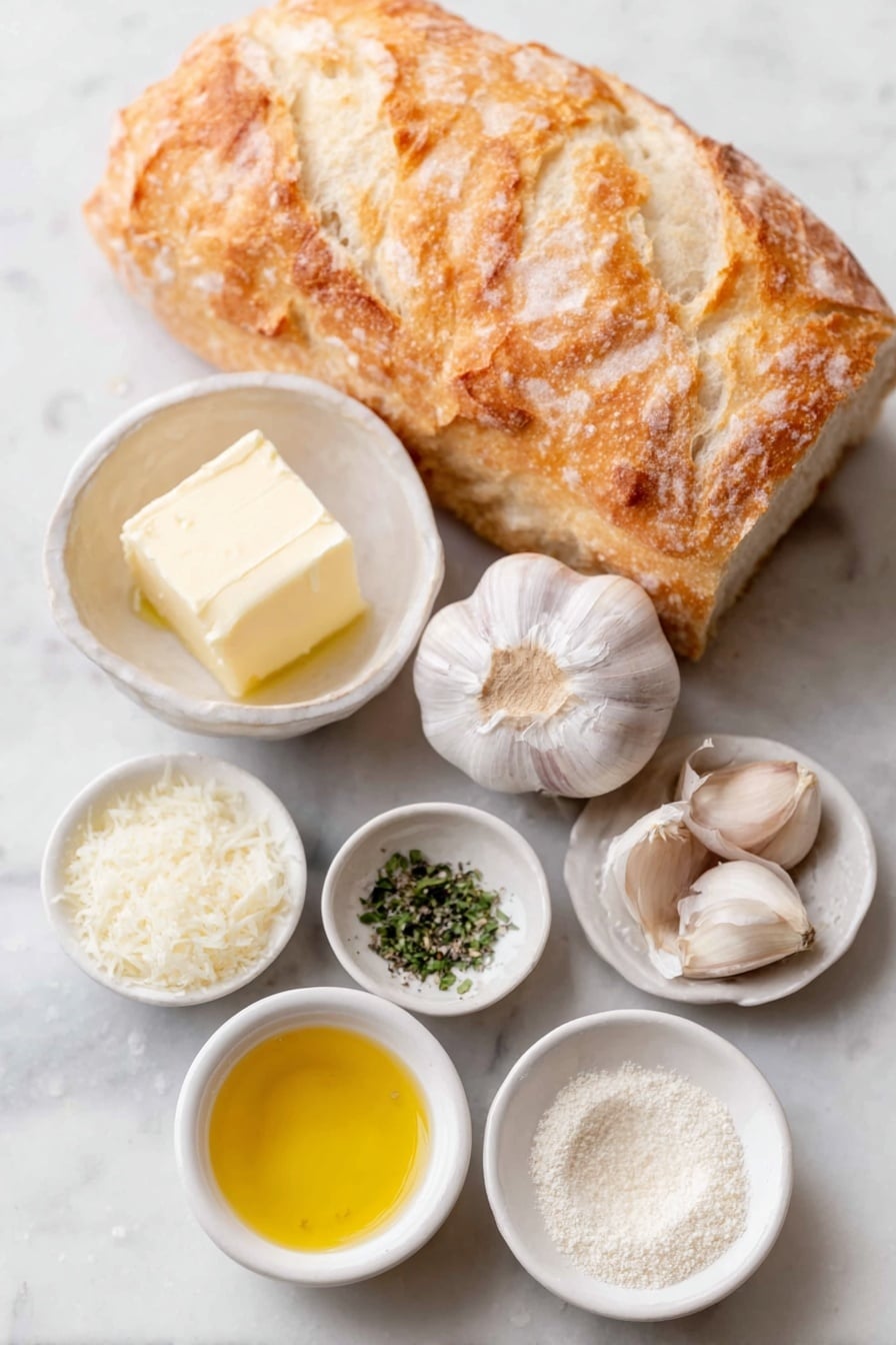 Flat lay of a halved loaf of Italian bread with a crispy golden crust, a whole head of garlic with the top sliced off to reveal cloves, eight uncracked brown garlic cloves, a small white ceramic bowl with smooth soft unsalted butter, a small white ceramic bowl filled with finely grated parmesan cheese, a small white ceramic bowl containing finely chopped mixed fresh herbs including basil and parsley, a small white ceramic bowl holding coarse kosher salt, a small white ceramic bowl with ground black pepper, a small white ceramic bowl with pale golden olive oil, and a small white ceramic bowl with light beige garlic powder—all arranged symmetrically in perfect proportions, placed on a clean white marble surface, soft natural light, photo taken with an iPhone, professional food photography style, fresh ingredients, white ceramic bowls, no bottles, no duplicates, no utensils, no packaging --ar 2:3 --v 7 --p m7354615311229779997 - Garlic Parmesan Herb Bread, garlic bread recipe, herb bread, cheesy garlic bread, homemade bread with herbs