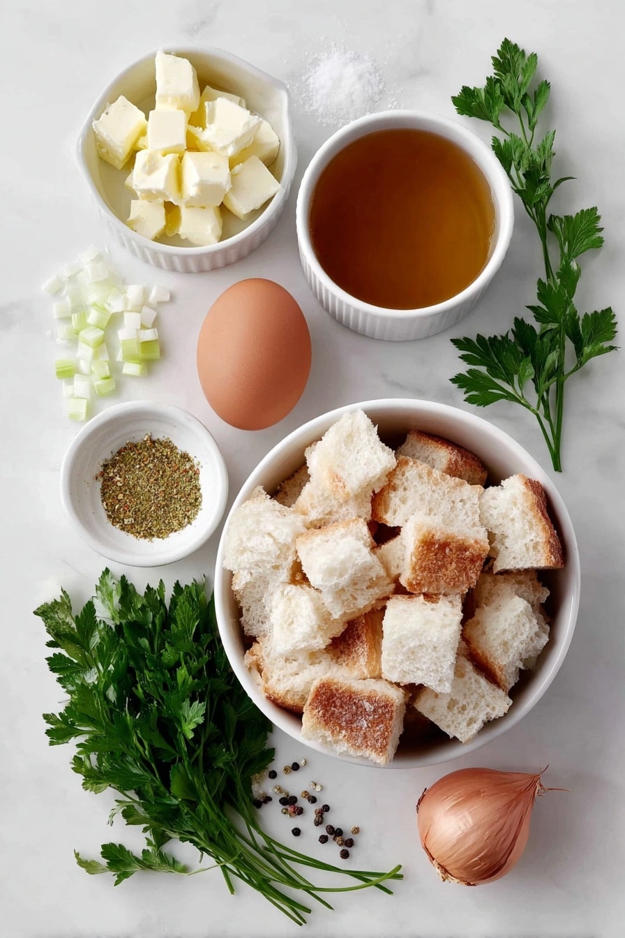 Flat lay of a small white ceramic bowl of butter cubes, a few crisp chopped celery stalks, a small pile of peeled shallots, one large whole brown egg with a clean shell, a small white bowl with golden poultry seasoning powder, a small bunch of fresh Italian flat leaf parsley with bright green leaves, a small white ceramic bowl filled with clear vegetable broth, a few granules of coarse kosher salt, a few fresh ground black peppercorns, and a simple white ceramic bowl filled with cubed day-old white bread pieces, all arranged symmetrically and balanced, placed on a clean white marble surface, soft natural light, photo taken with an iPhone, professional food photography style, fresh ingredients, white ceramic bowls, no bottles, no duplicates, no utensils, no packaging --ar 2:3 --v 7 --p m7354615311229779997 - Baked Stuffing Balls with Herbs and Vegetables, stuffing balls, herb and vegetable stuffing, holiday stuffing side dish, savory baked stuffing balls