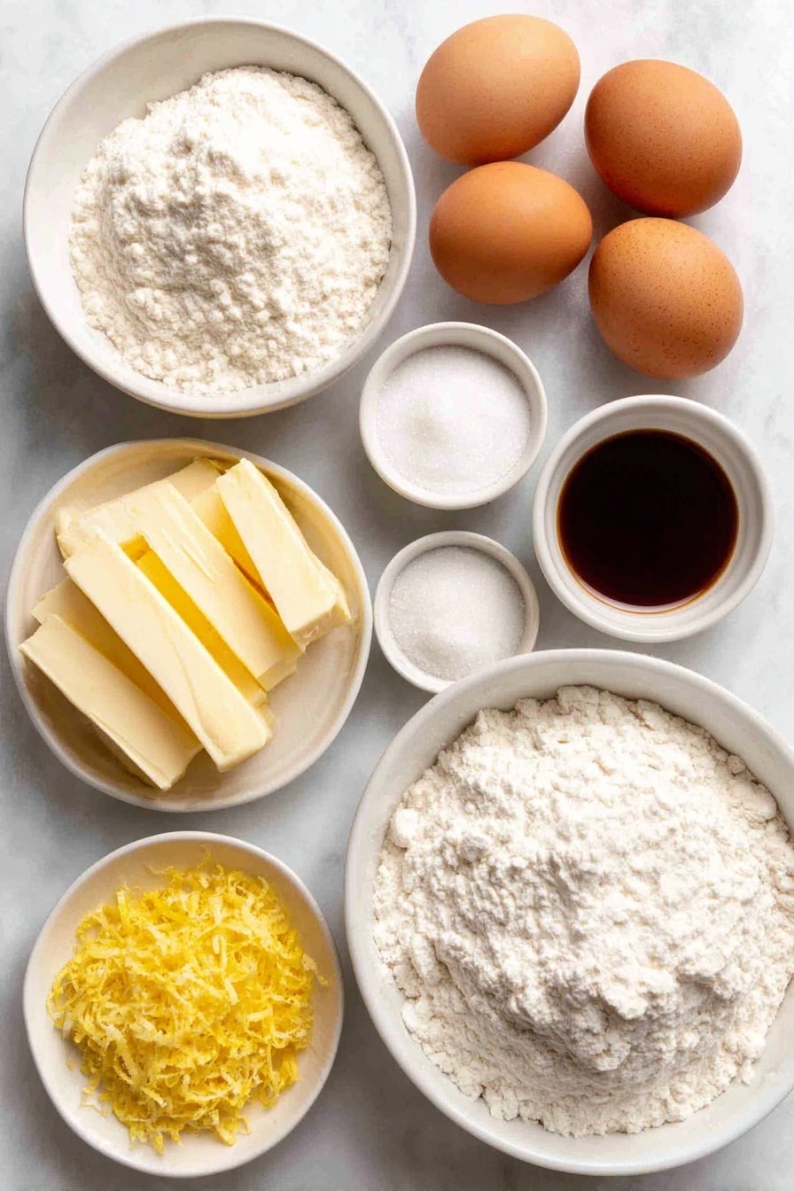 Flat lay of a small stick of unsalted butter, three whole large brown eggs with clean shells, a small white bowl of granulated sugar, a small white bowl of fine kosher salt crystals, a small white bowl with clear vanilla extract, freshly grated lemon zest from one lemon, a small mound of all-purpose flour, a small white bowl of baking powder, a small white bowl of confectioners’ sugar, placed on a clean white marble surface, soft natural light, photo taken with an iPhone, professional food photography style, fresh ingredients, white ceramic bowls, no bottles, no duplicates, no utensils, no packaging --ar 2:3 --v 7 --p m7354615311229779997 - Lemon Madeleines, French Lemon Madeleines, Lemon Cake Bites, Citrusy Madeleines, Easy Lemon Pastry
