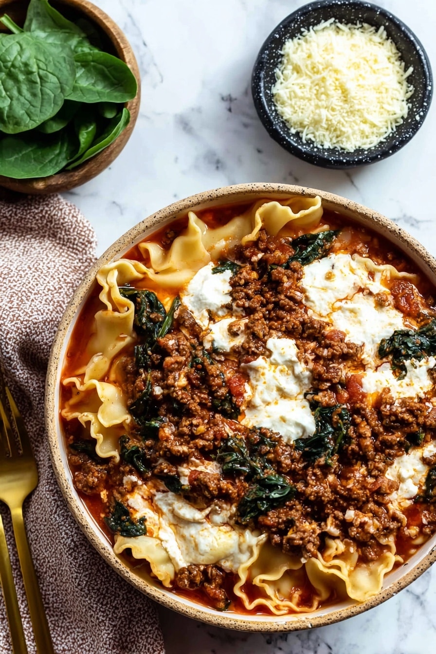 A white bowl sits on a white marbled surface filled with lasagna soup, showing several wavy layers of soft, translucent yellow pasta sheets partially submerged in a rich, red tomato meat sauce with visible ground meat and green spinach leaves. A dollop of white ricotta cheese is placed on top in the center, adding a creamy contrast. Nearby, a small white bowl of grated cheese and a golden spoon with a black handle rest on the surface, along with fresh spinach leaves and a textured green cloth. A woman's hand reaches from the left side of the image. Photo taken with an iphone --ar 2:3 --v 7 - One Pot Lasagna Soup with Spinach, Lasagna Soup, Easy Lasagna Soup Recipe, Healthy Lasagna Soup, One Pot Pasta Soups