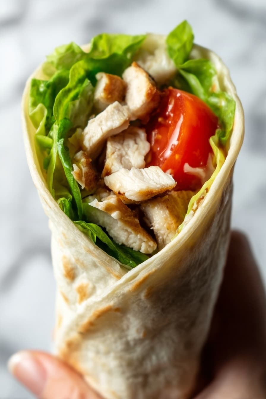 A close-up image of a chicken wrap held by a woman's hand, showing a tortilla wrap folded to form a cone shape. Inside, there is a layer of bright green lettuce at the back, followed by a slice of red tomato, and chunks of cooked white chicken pieces with a light brown, slightly crispy texture. The background features a white marbled texture, and the overall colors are natural and warm with a soft focus on the wrap. Photo taken with an iphone --ar 2:3 --v 7 - Sweet Chili Chicken Wrap, chicken wrap recipes, Thai chili chicken wrap, healthy chicken wraps, quick lunch ideas