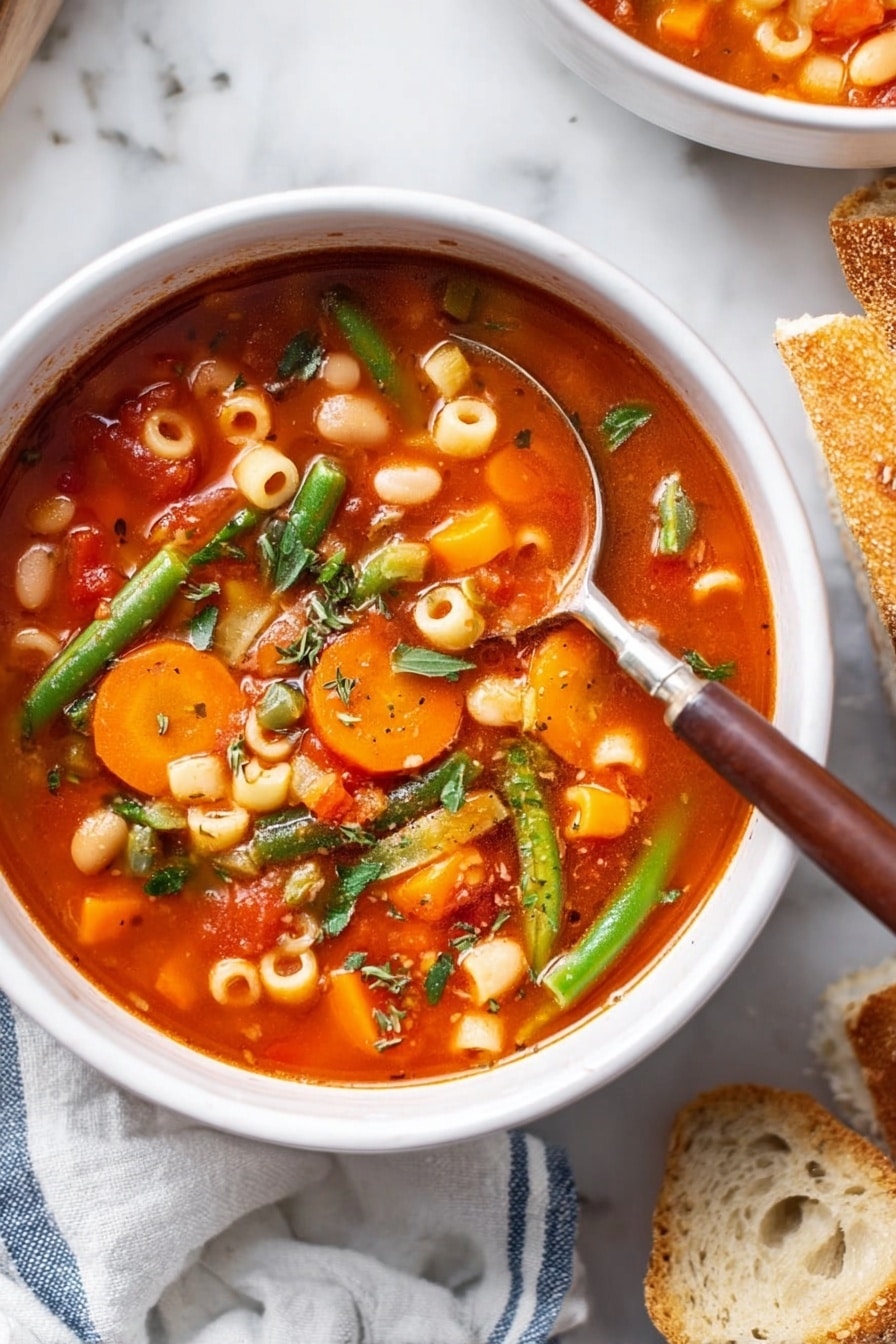 A white bowl filled with a bright red tomato-based soup with visible small round pasta pieces, sliced orange carrots, white beans, green beans, and finely chopped herbs. A silver spoon with a brown handle is placed inside the bowl, resting on the side. The bowl sits on a white marbled surface. To the right, rustic pieces of sliced bread are partially visible, and on the left, a soft white cloth with blue stripes is partly in the frame. photo taken with an iphone --ar 2:3 --v 7 - Hearty Vegetable Minestrone Soup, vegetable minestrone recipe, healthy minestrone soup, Italian vegetable soup, quick vegetable soup