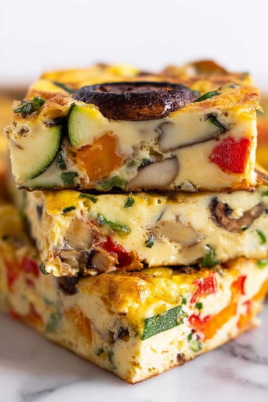 The image shows a close-up of three thick, square slices of a vegetable frittata stacked on top of each other. The top two slices have a creamy, light yellow egg base with brightly colored chunks of zucchini green, red bell pepper, and orange vegetables evenly spread inside. There is a large dark brown mushroom slice on the very top slice. The edges of the frittata are golden brown and slightly crispy, especially on the bottom slice, which has a rich golden crust. The stack is placed on a white marbled surface that contrasts with the vivid colors of the frittata. photo taken with an iphone --ar 2:3 --v 7 - Baked Vegetable Frittata, healthy baked vegetable frittata, easy breakfast frittata, veggie brunch recipes, protein-packed egg dish