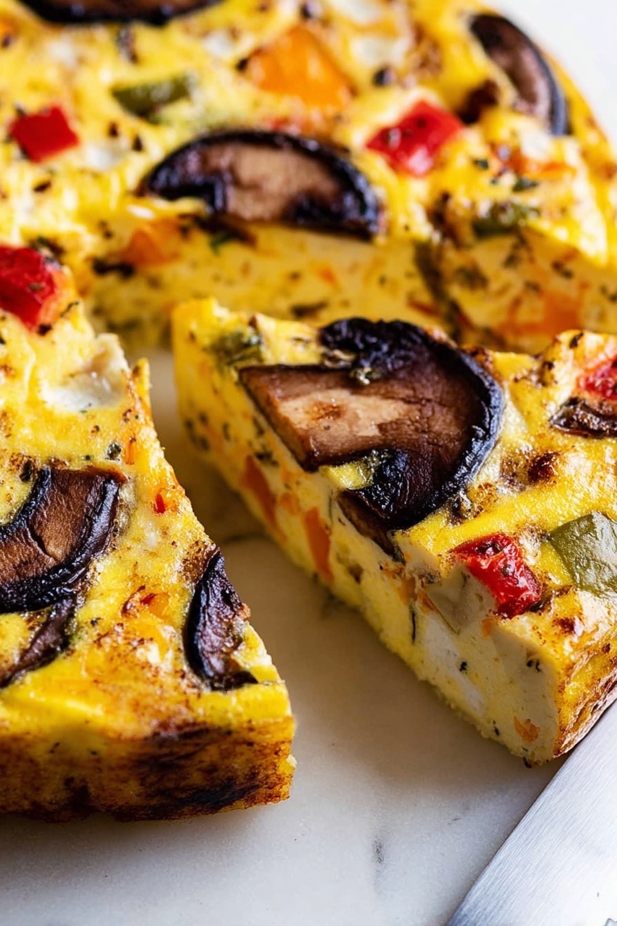 The dish shows a thick, round frittata with one piece cut and slightly separated, revealing a rich inside full of colorful vegetable chunks. The top layer is golden-yellow with browned spots and has large dark brown mushroom slices and a few red pieces that look like peppers scattered across it. Inside, you can see a mix of orange, green, white, and red vegetable pieces, all held together by the yellow egg base. The frittata sits directly on a white marbled surface, and a knife is partially visible to the bottom right. The photo is focused close-up on the frittata's texture and colors, showing the moist but firm inside. photo taken with an iphone --ar 2:3 --v 7 - Baked Vegetable Frittata, healthy baked vegetable frittata, easy breakfast frittata, veggie brunch recipes, protein-packed egg dish