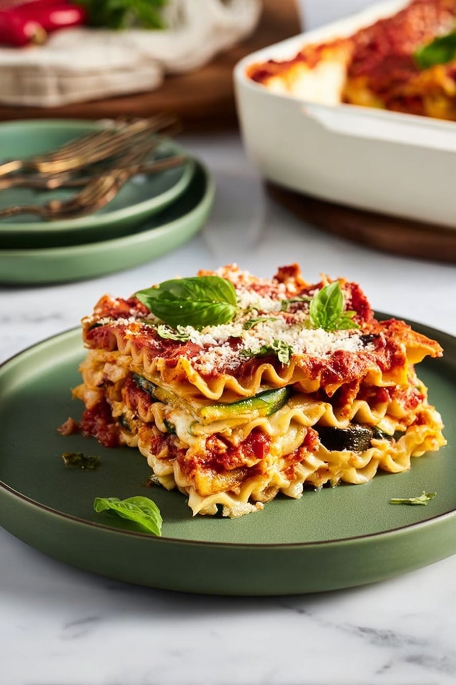 A square piece of lasagna is shown on a white plate with a matte green finish, resting on a table with a white marbled texture. The lasagna has four visible layers of ruffled pasta with a golden-brown baked top layer covered with tomato sauce, melted cheese, and green basil leaves. Between the pasta layers, there is a mix of creamy white cheese, cooked vegetables including green zucchini and dark leafy bits, and a bright red tomato sauce creating a colorful contrast. Small green basil leaves and grated cheese are sprinkled on top and around the lasagna slice. A stack of two matching green plates and silver forks is blurred in the background along with a white baking dish partially filled with more lasagna. Photo taken with an iphone --ar 2:3 --v 7 - Vegetarian Roasted Vegetable Lasagna, healthy vegetarian lasagna, easy veggie lasagna, cheesy roasted vegetable bake, plant-based lasagna