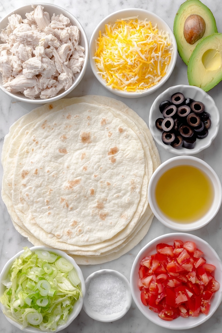 Flat lay of a large flour tortilla, a small mound of grated sharp cheddar cheese, a small white ceramic bowl with golden olive oil, fresh sliced brown mushrooms, a few green onions with bright green tops, a small pile of thinly sliced black olives, a small heap of diced ripe red tomatoes, tender cooked chicken pieces, a halved ripe avocado with vibrant green flesh, crisp chopped iceberg lettuce, a small white ceramic bowl with amber apple cider vinegar, and coarse salt crystals scattered neatly, all arranged symmetrically on a clean white marble surface, soft natural light, photo taken with an iPhone, professional food photography style, fresh ingredients, white ceramic bowls, no bottles, no duplicates, no utensils, no packaging --ar 2:3 --v 7 --p m7354615311229779997 - Cheddar Chicken Quesadilla, quesadilla recipes, chicken quesadilla, cheesy quesadilla, quick dinner ideas