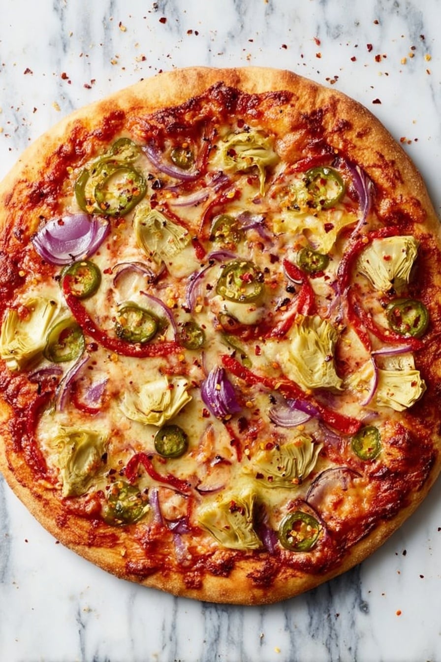 A round pizza with a golden-brown, slightly crispy crust sits on a white marbled surface. The first layer is red tomato sauce spread evenly over the dough. Next, a layer of melted cheese covers the sauce with a creamy and bubbly texture. Scattered on top are light yellow artichoke hearts, thin strips of purple-red onion, thin slices of green jalapeño peppers, and small pieces of red bell pepper. Red chili flakes are lightly sprinkled over the pizza. The toppings create a colorful and textured look with different sizes and shapes, making the pizza look fresh and tasty. photo taken with an iphone --ar 2:3 --v 7 - Vegetarian Pizza with Roasted Red Peppers, vegetarian pizza recipe, roasted red pepper pizza, easy vegetarian pizza, flavorful homemade pizza