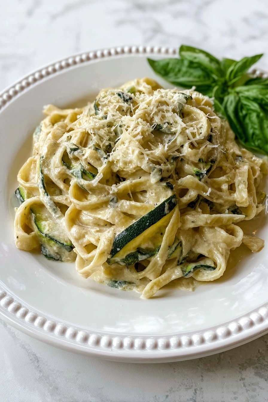 A white plate with a thin black rim holds a nest of thick, creamy pasta strands that are light golden in color. Mixed throughout the pasta are slices of green zucchini, some slightly browned and soft, adding texture and color contrast. Drizzled around and on top is a light yellow oily sauce that adds a glossy shine to the dish. A sprinkling of grated white cheese dusts the edges of the plate lightly. The plate is set on a cream-colored cloth with green stripes, which rests on a white marbled surface. photo taken with an iphone --ar 2:3 --v 7 - Creamy Zucchini Pasta with Basil, zucchini pasta recipe, basil pasta, healthy zucchini pasta, summer pasta dishes
