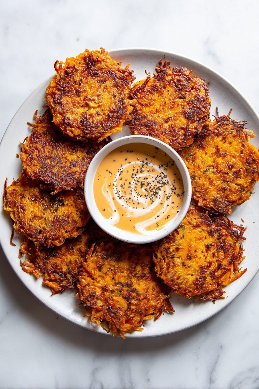 A white plate on a white marbled surface holds seven round, crispy fritters, each with a deep orange and golden brown color, showing a textured surface of grated vegetables, slightly charred around the edges. On the upper left side of the plate, a small white bowl contains a creamy dipping sauce with a light swirl of white cream on top, sprinkled with black pepper. The fritters are layered closely together, showing a crunchy, uneven texture. photo taken with an iphone --ar 2:3 --v 7 - Baked Vegan Sweet Potato Hash Browns, vegan hash browns, crispy sweet potato hash, healthy vegan breakfast, plant-based hash browns