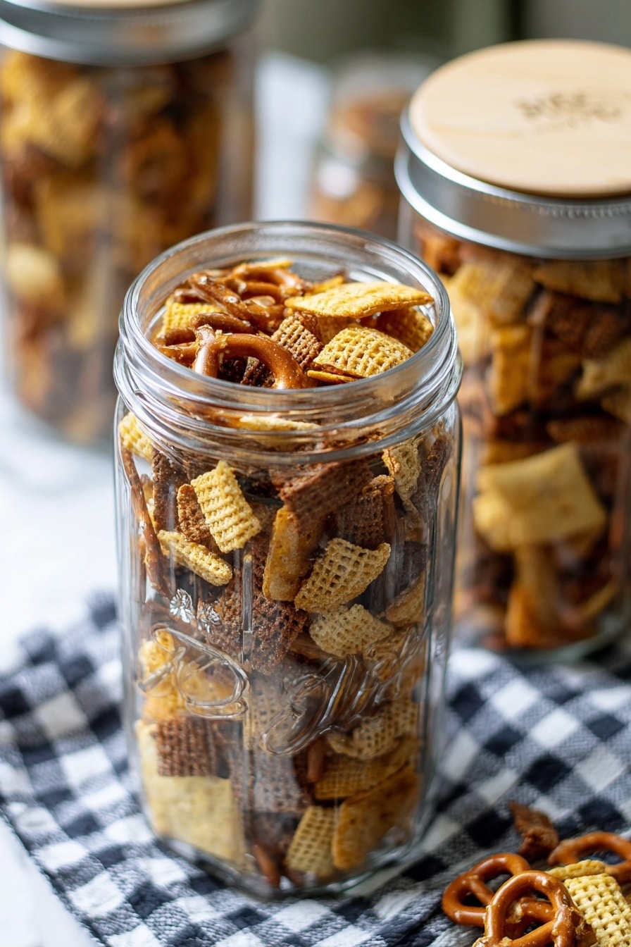 The image shows a tall clear glass jar filled with a mix of snack pieces. The mix has several textures and colors: small golden pretzels with smooth, shiny surfaces; light yellow square crackers with a rough, grilled look; darker brown square cereal pieces with a waffle pattern; and some light beige round chips. The jar is full to the brim and has a silver lid with the brand name slightly out of focus beside it. The background features another similar jar and a wooden lid on a white marbled surface with a checkered cloth underneath. The lighting is soft and natural, highlighting the crunch and detail of the snack mix photo taken with an iphone --ar 2:3 --v 7 - Dill Pickle Snack Mix, dill pickle snack mix recipe, savory snack mix, easy snack recipes, crunchy pickle snack