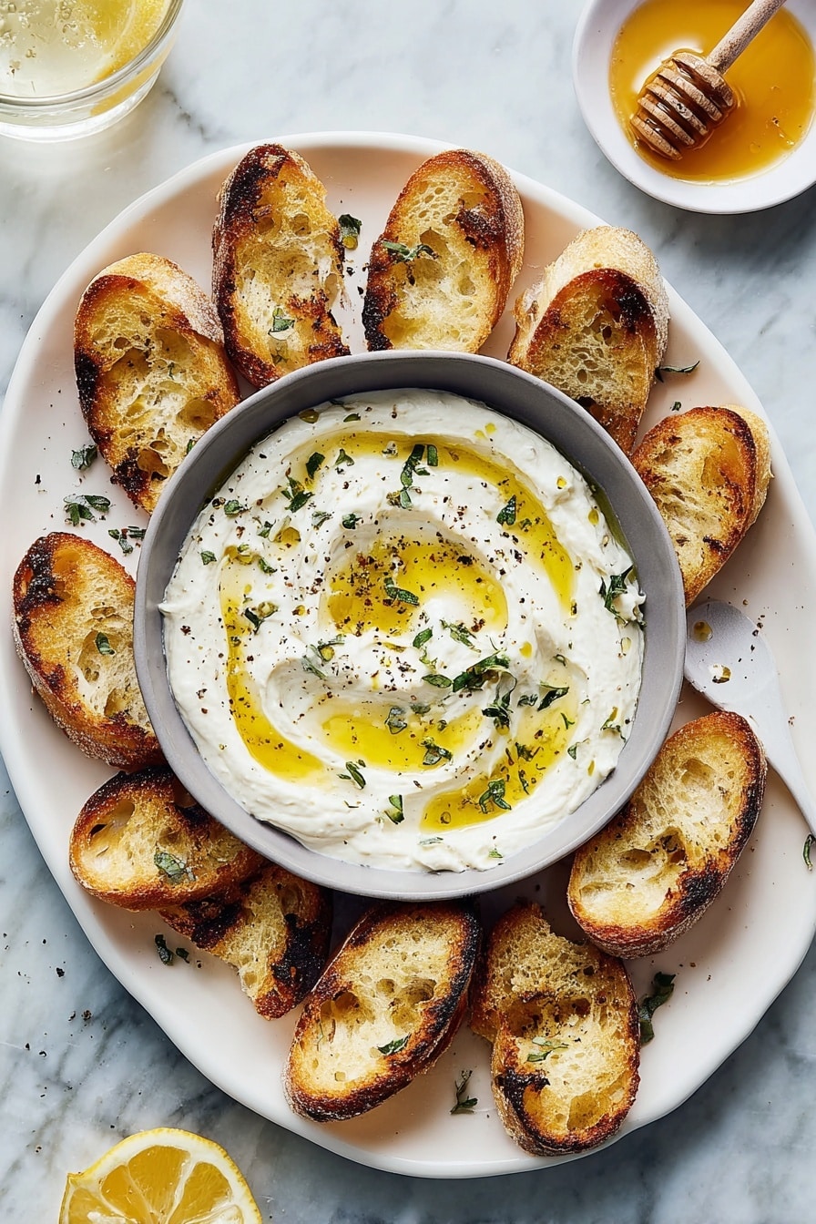 A white oval plate with a gray bowl in the center filled with creamy white dip swirled on top with golden olive oil and sprinkled with small green herb leaves and black pepper. Around the bowl, there are twelve golden toasted baguette slices, showing a crunchy texture with some darker grill marks and light seasoning. The setting includes a white marbled surface beneath the plate, a glass with half a lemon to the bottom left, a glass of water to the top left, and a small white bowl with light honey and a honey dipper at the top right. Photo taken with an iphone --ar 2:3 --v 7 - Whipped Ricotta Honey Dip, easy ricotta dip, honey appetizer, creamy cheese dip, quick party snack