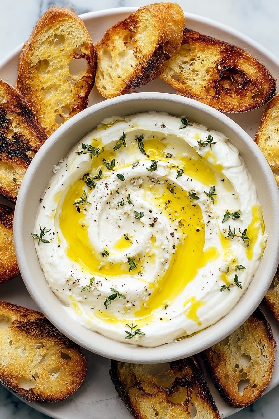 This dish shows a white bowl filled with a creamy white puree, swirled in a circular pattern with some small pools of golden yellow oil on top. Bright green small herb leaves, likely thyme, are scattered evenly across the puree, with a light dusting of black pepper and coarse salt sprinkled over everything. On the edge of the bowl, two pieces of toasted bread with a light brown crust and some dark charred spots rest partially submerged in the creamy puree. The background surface is a white marbled texture. Photo taken with an iphone --ar 2:3 --v 7 - Whipped Ricotta Honey Dip, easy ricotta dip, honey appetizer, creamy cheese dip, quick party snack