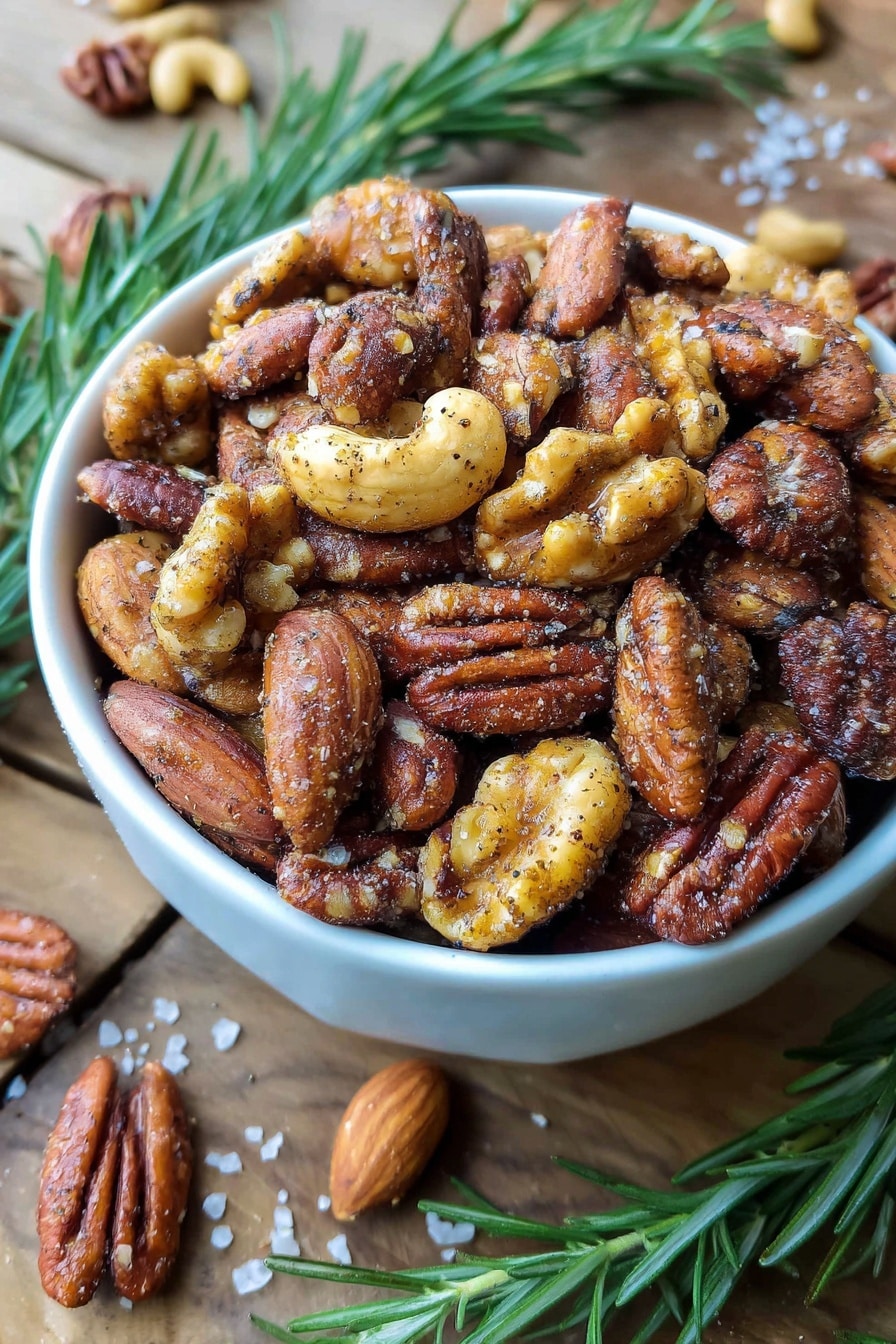 A white bowl filled with a mix of roasted nuts including whole almonds, pecans, and walnuts. The nuts have a crispy texture with a light brown color and are coated with visible seasoning specks. The bowl is placed on a wooden surface with some spilled nuts and coarse salt around it. Green rosemary sprigs frame the bowl, adding a fresh contrast. Photo taken with an iphone --ar 2:3 --v 7 - Sweet and Salty Rosemary Roasted Nuts, flavorful nut snacks, easy roasted nuts recipe, healthy snack ideas, aromatic nut recipes
