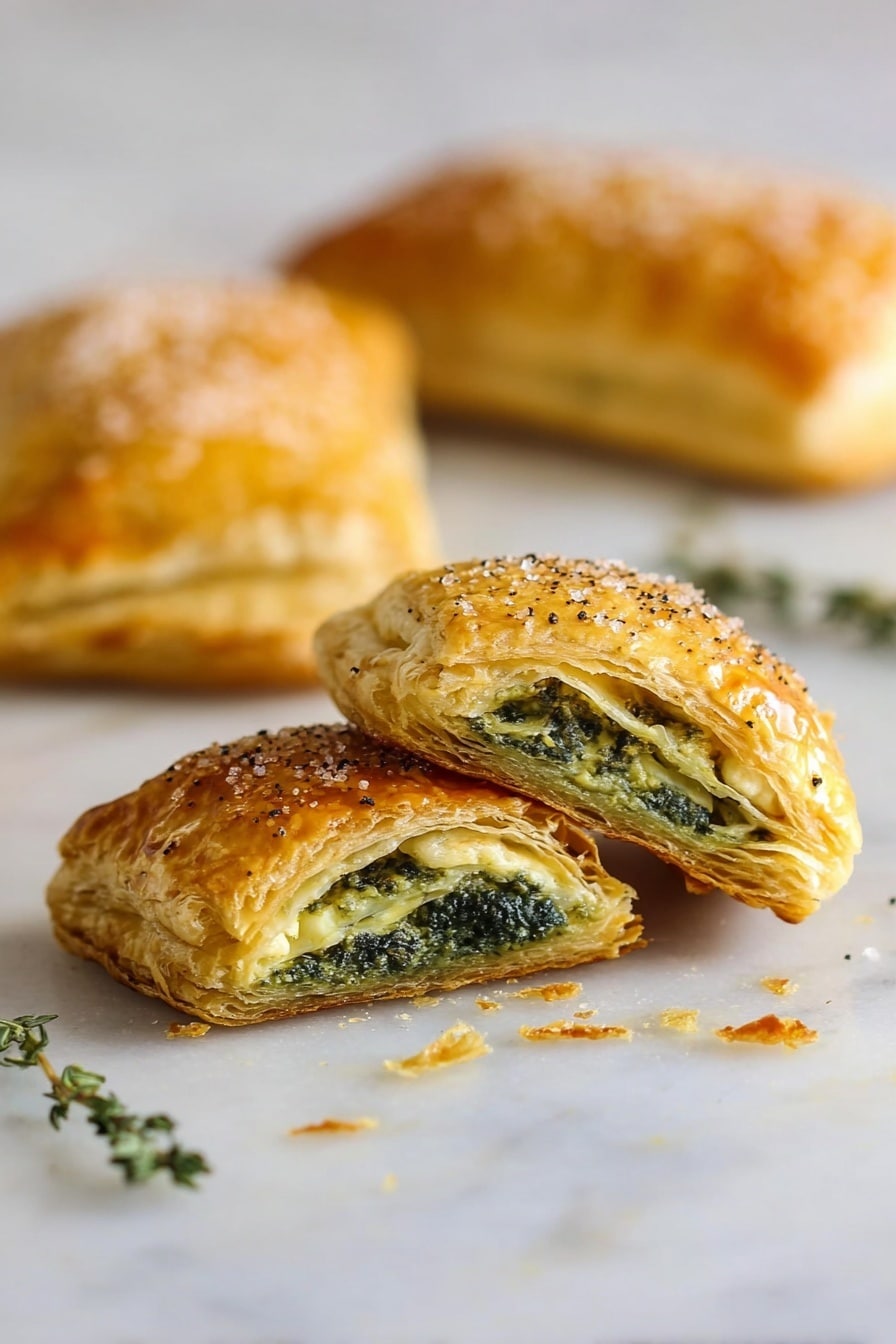 The image shows three golden-brown puff pastries on white parchment paper, arranged on a round wire rack over a white marbled surface. Each pastry has multiple flaky, layered crusts with a slightly crispy texture, and the top layer sprinkled with coarse salt and tiny green herb sprigs. One pastry edge reveals a darker, cooked filling inside. At the back, a small clear glass bowl contains dark amber syrup with a spoon resting inside it, and a blurred bowl of coarse salt is visible in the foreground. The overall look is warm and inviting, with natural light highlighting the flaky layers and rich colors of the pastries. photo taken with an iphone --ar 2:3 --v 7 - Vegan Spinach and Caramelized Onion Puff Pastry, vegan savory puff pastry, spinach and onion tart, dairy-free puff pastry recipe, easy vegan appetizer