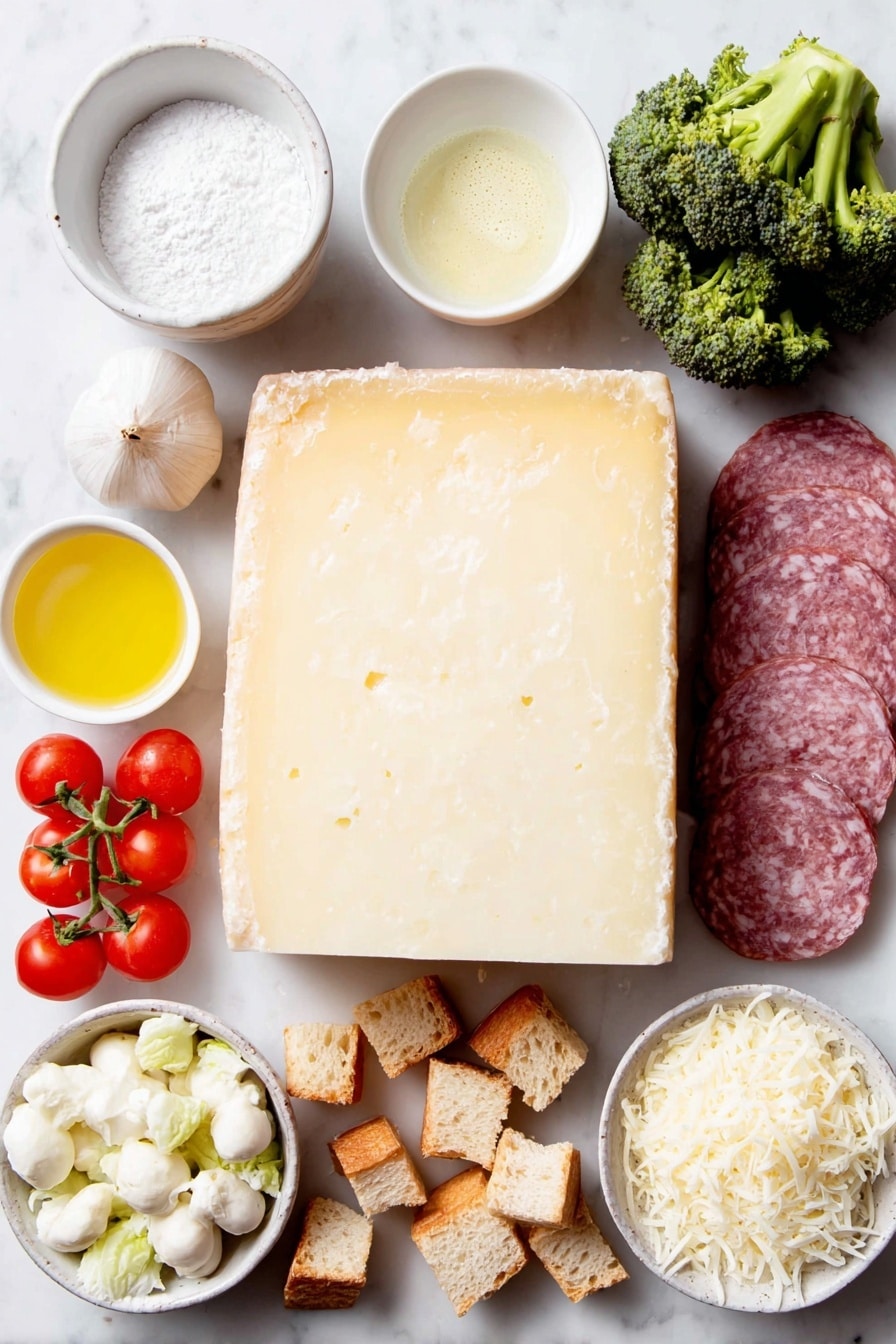 Flat lay of firm alpine-style cheese wedge, block of fontina cheese, wedge of gouda cheese, small white ceramic bowl with cornstarch powder, small white ceramic bowl with dry white wine, whole garlic clove, small white ceramic bowl with fresh lemon juice, small white ceramic bowl with brandy, small white ceramic bowl with Dijon mustard, small white ceramic bowl with ground nutmeg, boiled baby new potatoes with skins, lightly steamed broccoli florets, lightly steamed cauliflower florets, lightly steamed asparagus spears, button mushrooms without stems, fresh cherry tomatoes, slices of firm green apple, cooked sliced hot sausage, cubes of French bread, cubes of sourdough bread, cubes of pumpernickel bread, all ingredients arranged symmetrically and naturally placed on a clean white marble surface, soft natural light, photo taken with an iPhone, professional food photography style, fresh ingredients, white ceramic bowls, no bottles, no duplicates, no utensils, no packaging --ar 2:3 --v 7 --p m7354615311229779997 - Cheese Fondue, Cheese Fondue with Dippers, Cheese Fondue Recipe, cheese fondue ideas, parties with cheese fondue