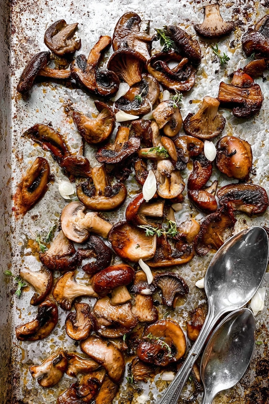 The image shows a single layer of cooked mixed mushrooms scattered across a textured baking tray with a used, slightly oily look. The mushrooms are various shades of brown, from light to dark, with visible grill marks and a soft, cooked texture. There are thin slices of white garlic and small sprigs of green thyme mixed in among the mushrooms. Two shiny silver spoons rest on the bottom right corner of the tray. The background is a white marbled surface. photo taken with an iphone --ar 2:3 --v 7 - Crispy Garlic Thyme Roasted Mushrooms, roasted mushroom recipe, garlic thyme mushrooms, crispy mushroom side dish, easy mushroom recipes