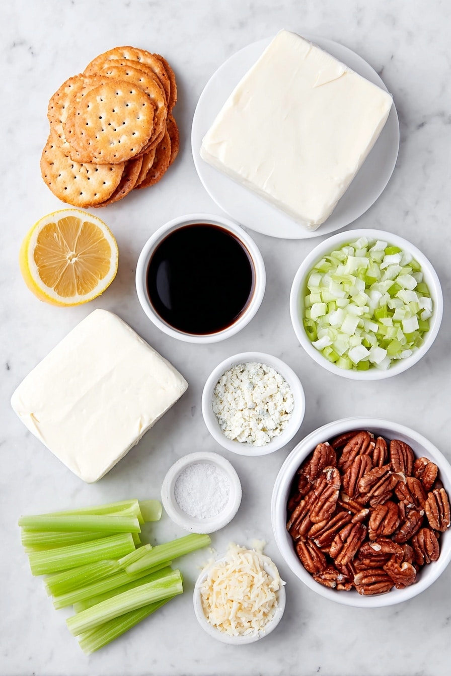 Flat lay of two blocks of smooth cream cheese, a small mound of grated sharp cheddar cheese, a small white bowl of finely minced bright green bell pepper, another bowl filled with thinly sliced scallions, a halved fresh lemon beside a small bowl of pale yellow lemon juice, a small white bowl holding dark Worcestershire sauce, a tiny white bowl with fine garlic powder, a simple white plate layered with chopped pecans, a neat stack of round crackers, a few crisp celery sticks and several red radishes arranged neatly, all placed on a clean white marble surface, soft natural light, photo taken with an iPhone, professional food photography style, fresh ingredients, white ceramic bowls, no bottles, no duplicates, no utensils, no packaging --ar 2:3 --v 7 --p m7354615311229779997 - Cheese Ball with Pecans, Cheese Ball, Easy Party Appetizer, Pecan Cheese Ball, Crowd-Pleasing Cheese Dip