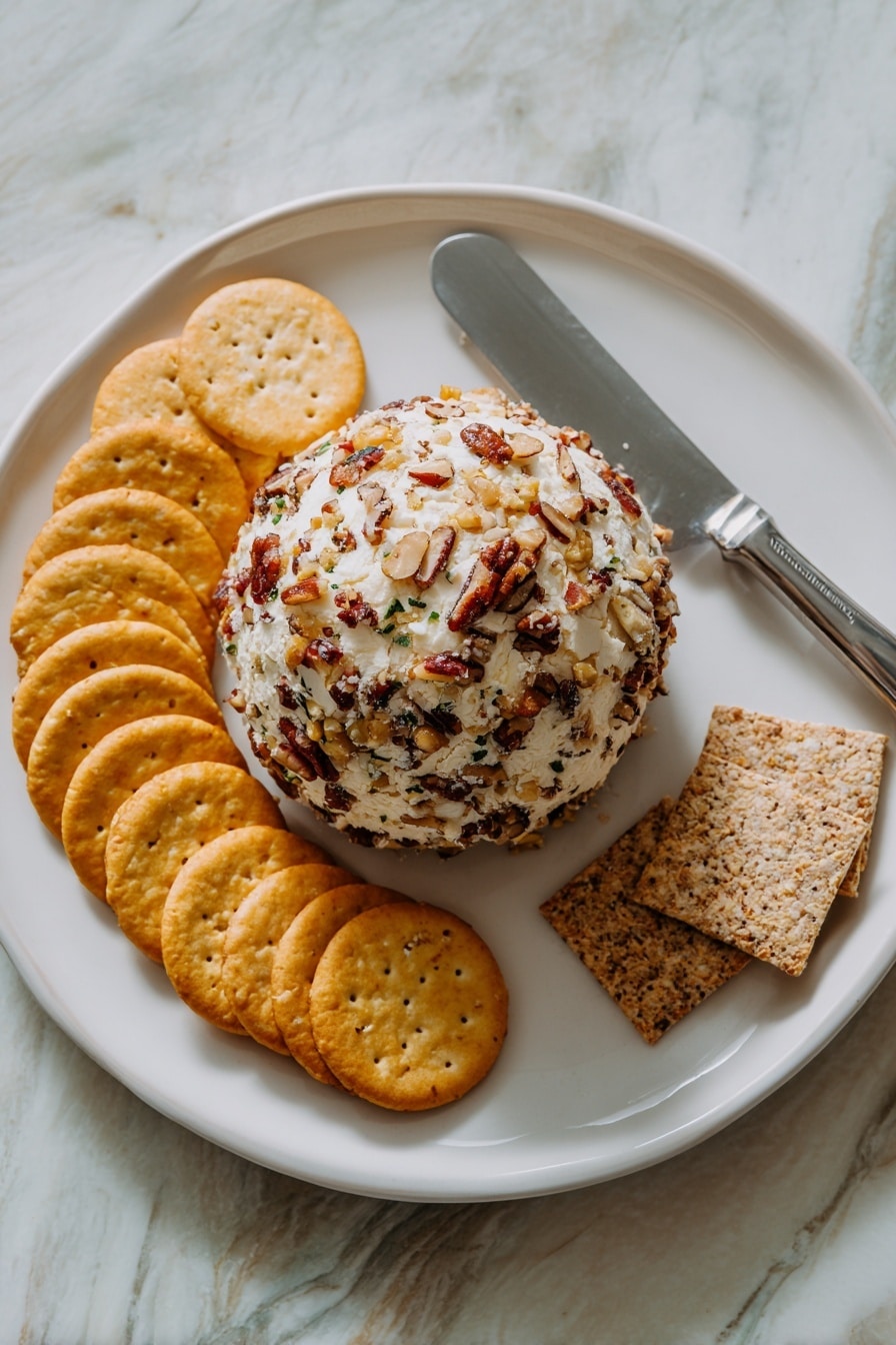 A white round plate sits on a white marbled surface. On the plate, there is a ball-shaped cheese covered with chopped nuts, showing a mix of light brown, dark brown, and small green bits. Around the ball, there are three groups of crackers arranged in curved lines: golden round crackers on the top and bottom sides, and square multigrain crackers in a light brown shade on the right side next to a silver spreader knife. The colors are warm and natural, with a mix of beige, brown, and green on the cheese ball, and pale yellows and browns on the crackers. photo taken with an iphone --ar 2:3 --v 7 - Cheese Ball with Pecans, Cheese Ball, Easy Party Appetizer, Pecan Cheese Ball, Crowd-Pleasing Cheese Dip