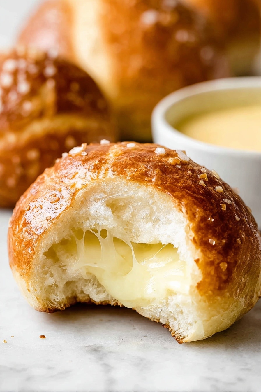 A close-up of a golden brown soft bread roll broken open to show three layers inside: the outer shiny crust with a rough texture sprinkled with coarse salt, a fluffy white bread layer beneath, and a middle layer of melted pale yellow cheese stretching slightly out of the bread. The background and surface have a white marbled texture, with another whole bread roll and a white bowl of pale yellow sauce softly blurred in the background. photo taken with an iphone --ar 2:3 --v 7 - Cheddar Cheese Pretzel Bites, cheesy pretzel snacks, homemade pretzel bites, soft chewy pretzels with cheese, easy cheesy pretzel recipe
