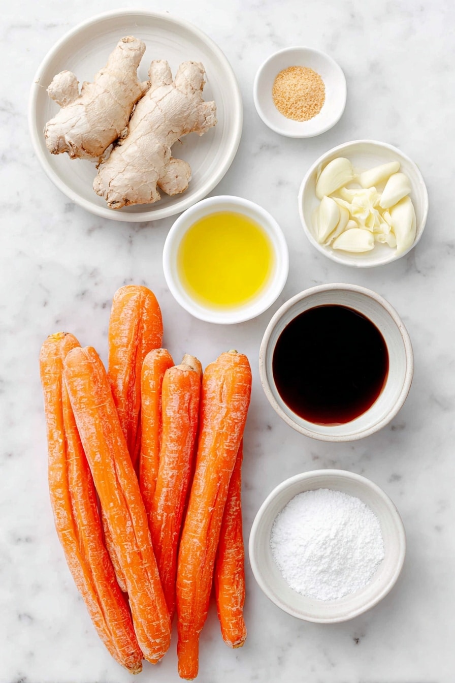 Flat lay of fresh whole baby carrots with vibrant orange skins, four peeled garlic cloves, a small pile of peeled fresh ginger root, a small white bowl of dark soy sauce, a small white bowl of clear vegetable stock, a small white bowl of pale rice vinegar, a small white bowl of golden sesame oil, a small white bowl of light brown granulated sugar, a small white bowl of ground white pepper powder, a small white bowl of onion powder, a simple white ceramic plate holding unbaked crescent roll dough triangles, placed on a clean white marble surface, soft natural light, photo taken with an iPhone, professional food photography style, fresh ingredients, white ceramic bowls, no bottles, no duplicates, no utensils, no packaging --ar 2:3 --v 7 --p m7354615311229779997 - Vegan Carrot Pigs in a Blanket, plant-based pigs in a blanket, vegan appetizer recipes, healthy party snacks, vegan finger foods