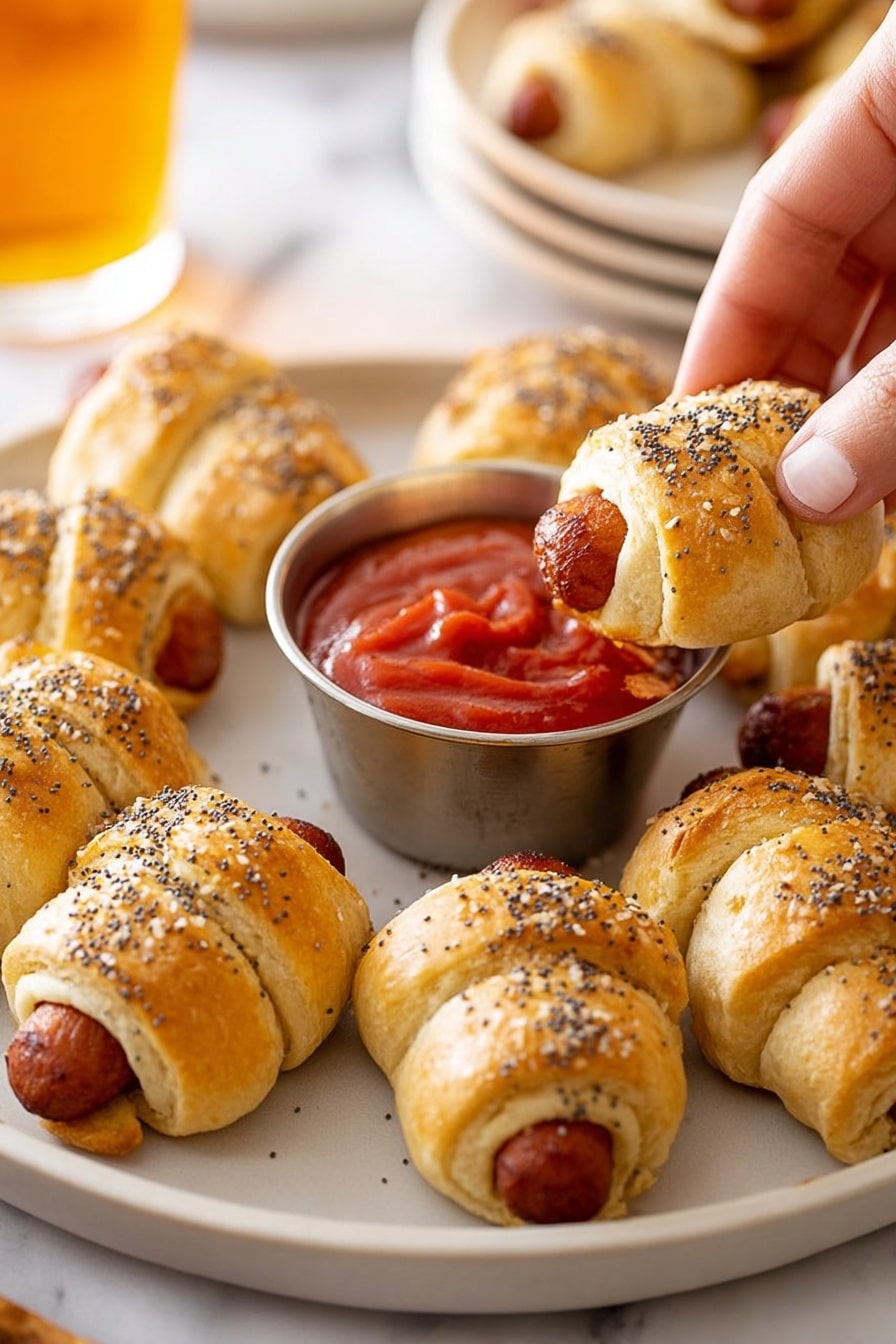 Small crescent rolls wrapped around bite-sized sausages form a circle on a white plate sitting on a white marbled surface. The crescent rolls are golden brown with a soft flaky texture and are sprinkled with sesame seeds and black poppy seeds. In the middle of the circle is a small metal cup filled with smooth red ketchup. A woman's hand is seen dipping one of the crescent rolls halfway into the ketchup. In the blurred background, there is a glass of amber-colored drink and a little stack of white plates. photo taken with an iphone --ar 2:3 --v 7 - Vegan Carrot Pigs in a Blanket, plant-based pigs in a blanket, vegan appetizer recipes, healthy party snacks, vegan finger foods