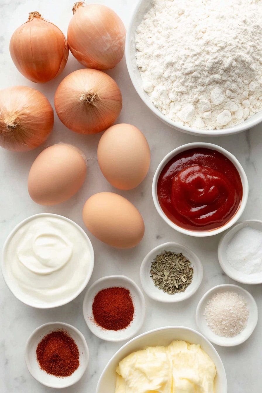 Flat lay of three medium fresh sweet onions with dry papery skins partially peeled, two whole uncracked brown eggs, a small white ceramic bowl of creamy white mayonnaise, a small white ceramic bowl of thick sour cream, a small white ceramic bowl of bright red ketchup, a small white ceramic bowl of smooth creamy horseradish sauce, a small white ceramic bowl of white milk, a small white ceramic bowl filled with off-white all-purpose flour, a small white ceramic bowl holding a warm reddish paprika powder, a small white ceramic bowl with reddish-brown ground cumin, a small white ceramic bowl of dried oregano leaves, a small white ceramic bowl of dried thyme leaves, a small white ceramic bowl of fine white salt, a small white ceramic bowl of ground cayenne pepper in bright orange-red, a small white ceramic bowl of ground black pepper, a small white ceramic bowl of pale beige garlic powder, arranged symmetrically and balanced, all ingredients fresh and natural, placed on a clean white marble surface, soft natural light, photo taken with an iPhone, professional food photography style, fresh ingredients, white ceramic bowls, no bottles, no duplicates, no utensils, no packaging --ar 2:3 --v 7 --p m7354615311229779997 - Homemade Blooming Onion, crispy onion appetizer, homemade onion bloom, easy onion appetizer, onion ring recipe