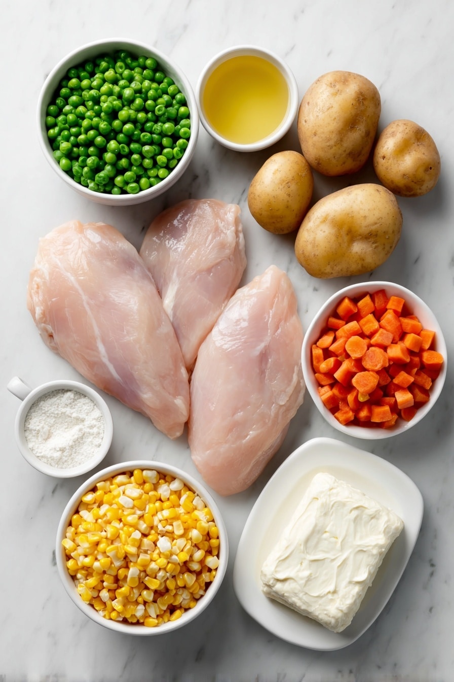 Flat lay of fresh boneless skinless chicken breasts, a small white ceramic bowl of vibrant green peas, a small white ceramic bowl of bright yellow corn kernels, a small white ceramic bowl of chopped orange carrots, a chopped celery stalk, two peeled and diced medium potatoes, a diced small yellow onion, a small white ceramic plate with a block of cream cheese at room temperature, a small white ceramic bowl of golden chicken broth, a small white ceramic bowl of garlic powder, a small white ceramic bowl of heavy cream, and a roll of refrigerated biscuit dough, all arranged with perfect symmetry in realistic proportions, placed on a clean white marble surface, soft natural light, photo taken with an iPhone, professional food photography style, fresh ingredients, white ceramic bowls, no bottles, no duplicates, no utensils, no packaging --ar 2:3 --v 7 --p m7354615311229779997 - Slow Cooker Chicken Pot Pie Soup, chicken pot pie soup recipe, comforting chicken soup, easy slow cooker dinner, creamy chicken soup recipe