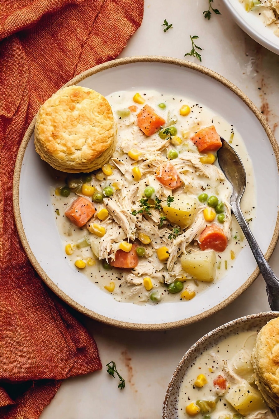 A white plate holds a creamy chicken and vegetable stew with three visible layers: the bottom layer is a thick white sauce dotted with black pepper, the middle layer shows soft chunks of orange carrots, light green celery, yellow corn, green peas, and pale potatoes, and the top layer features shredded white chicken bits and small green thyme leaves scattered on top. On the left side of the plate, a round, golden-brown biscuit sits slightly overlapping the stew. In the top right edge of the plate, a silver spoon rests partially inside the stew. The plate lies on a white marbled surface with an orange cloth napkin to the left and part of another plate with stew and a biscuit visible in the bottom right corner. Photo taken with an iphone --ar 2:3 --v 7 - Slow Cooker Chicken Pot Pie Soup, chicken pot pie soup recipe, comforting chicken soup, easy slow cooker dinner, creamy chicken soup recipe