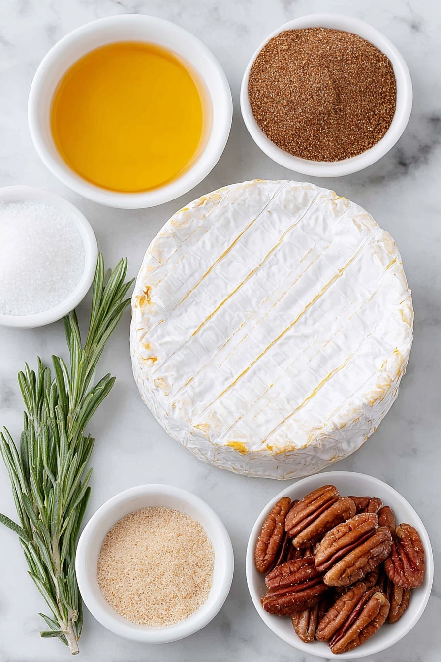 Flat lay of a whole wheel of double cream brie cheese with a light diagonal score on top, a small white bowl filled with golden maple syrup, a small white bowl of light brown granulated brown sugar, a small white bowl with a warm brown cinnamon powder, a small white bowl holding glossy pecan halves, a small white bowl containing clear vanilla extract, and a neat sprig of fresh green rosemary, all arranged symmetrically and balanced, placed on a clean white marble surface, soft natural light, photo taken with an iPhone, professional food photography style, fresh ingredients, white ceramic bowls, no bottles, no duplicates, no utensils, no packaging --ar 2:3 --v 7 --p m7354615311229779997 - Maple Pecan Baked Brie, baked brie appetizer, fall appetizer recipes, holiday cheese platter ideas, easy cheese appetizer