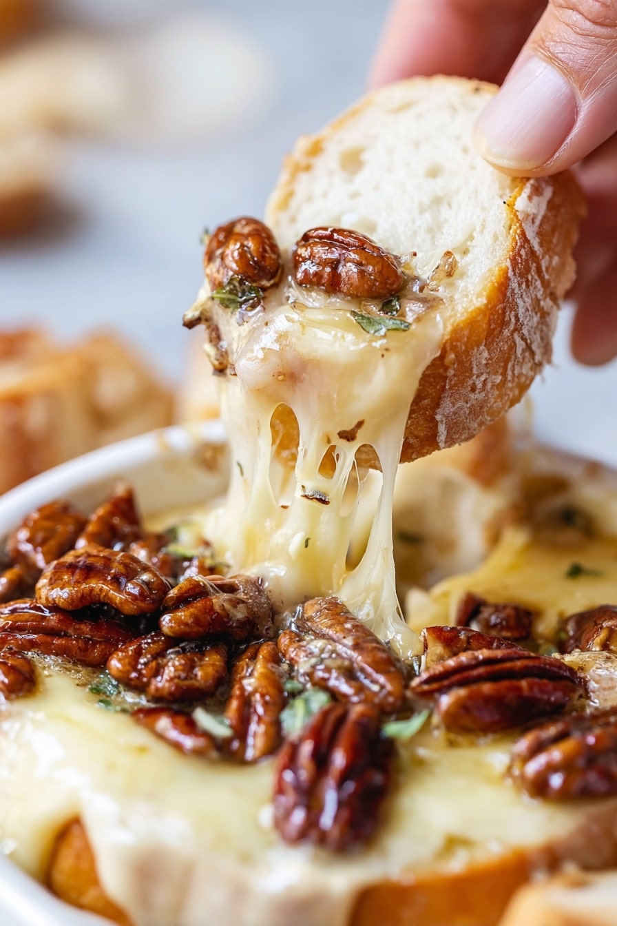 A close-up image shows a woman's hand holding a piece of white crusty bread with a soft inside, dipped into a melted cheese dish with pecans on top. The cheese is creamy and stringy, light yellow in color, and flows from both the bread and the dish below. The pecans are whole, shiny, and dark brown, scattered on top of the cheese. The dish holding the cheese is white with a slightly browned melted cheese edge visible, sitting on a white marbled surface with some blurred background details. Photo taken with an iphone --ar 2:3 --v 7 - Maple Pecan Baked Brie, baked brie appetizer, fall appetizer recipes, holiday cheese platter ideas, easy cheese appetizer